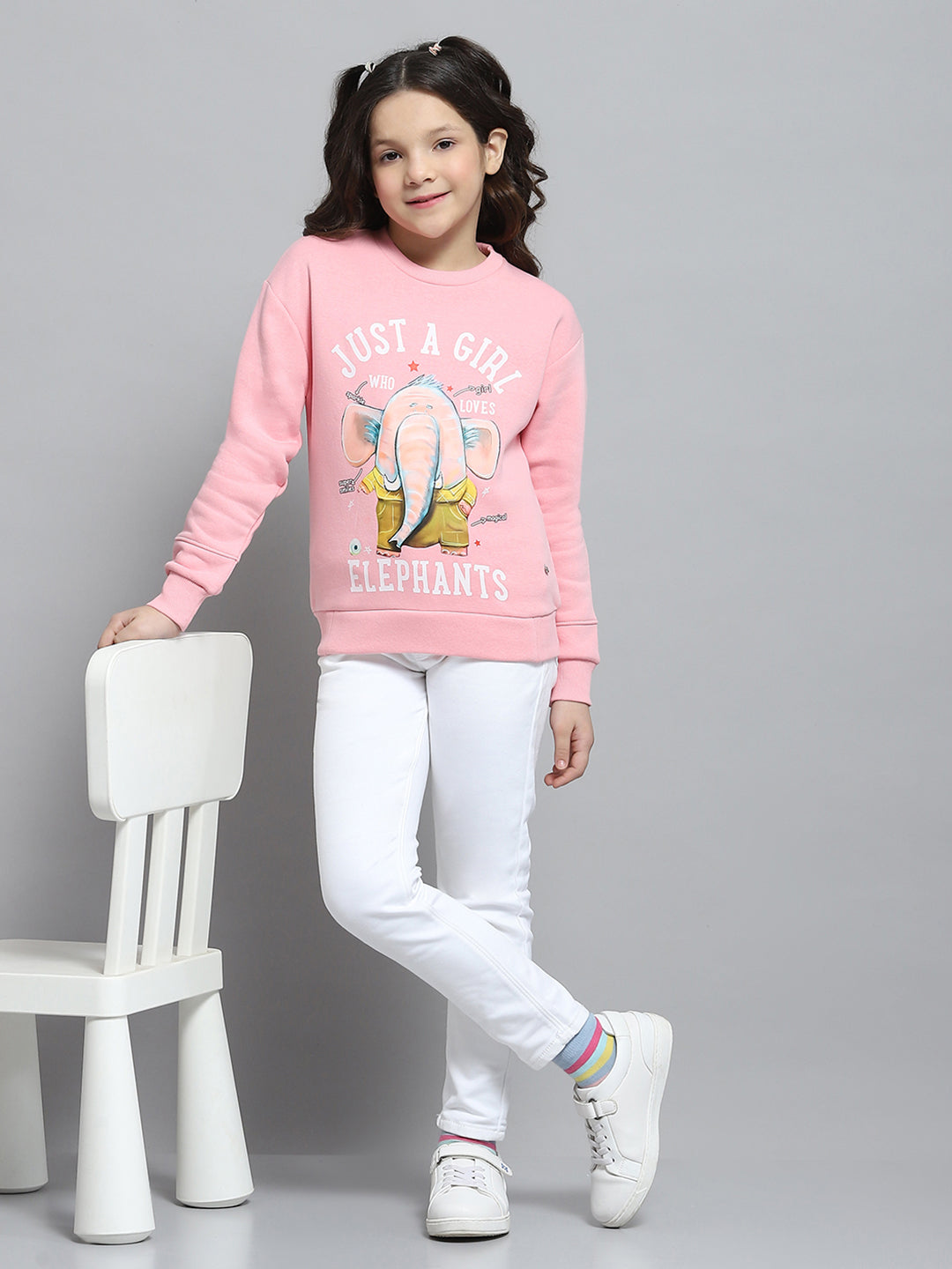 Girls Pink Printed Round Neck Full Sleeve Sweatshirt