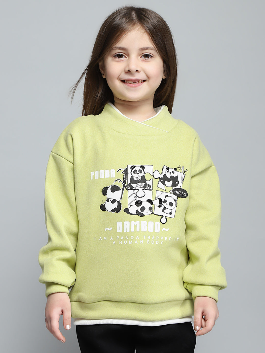 Girls Green Printed Band Collar Full Sleeve Sweatshirt