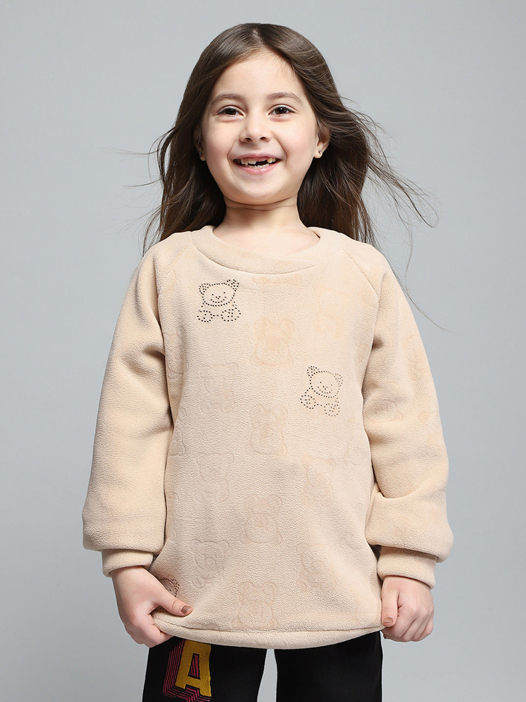 Girls Beige Self Design Round Neck Full Sleeve Sweatshirt