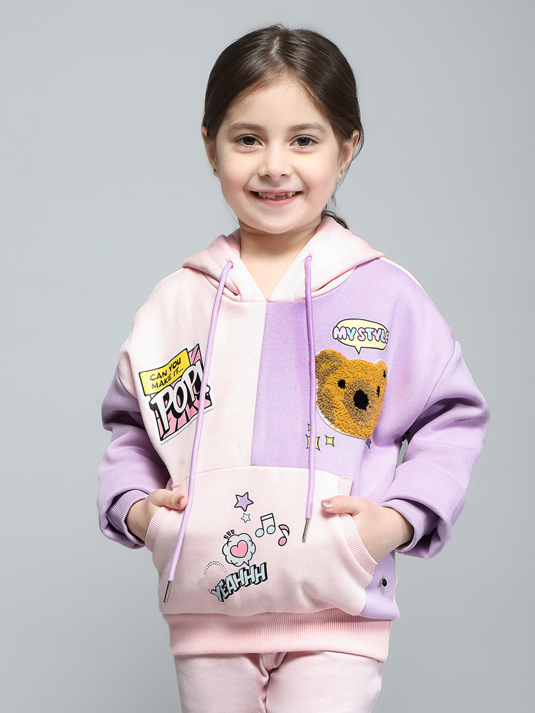 Girls Pink & Purple Printed Hooded Full Sleeve Sweatshirt