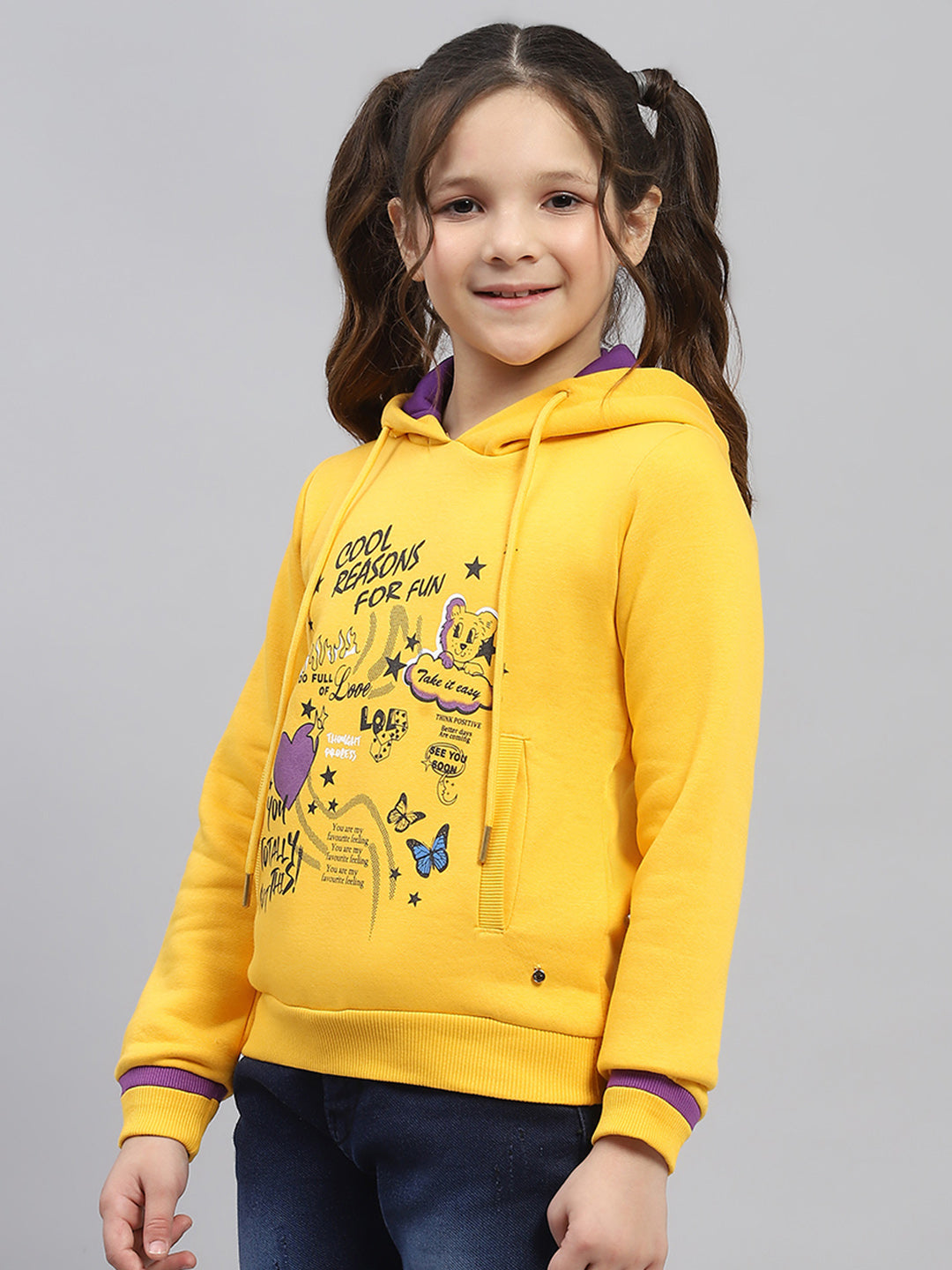 Girls Yellow Printed Hooded Full Sleeve Sweatshirt