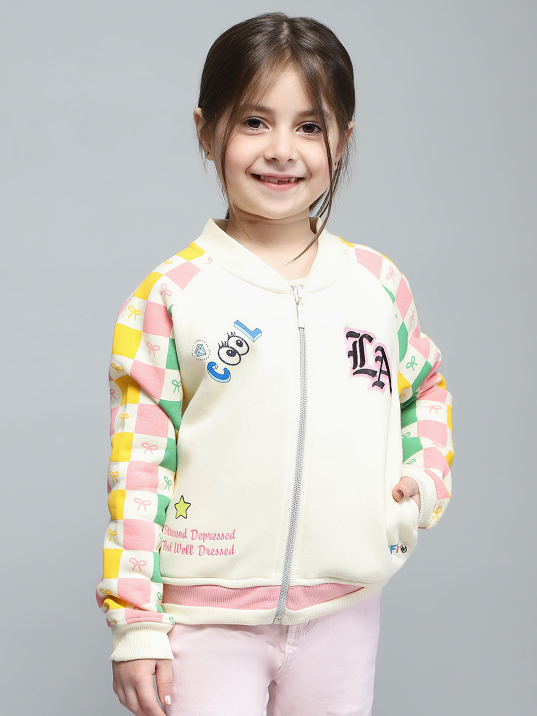 Girls Off White Printed Round Neck Full Sleeve Sweatshirt