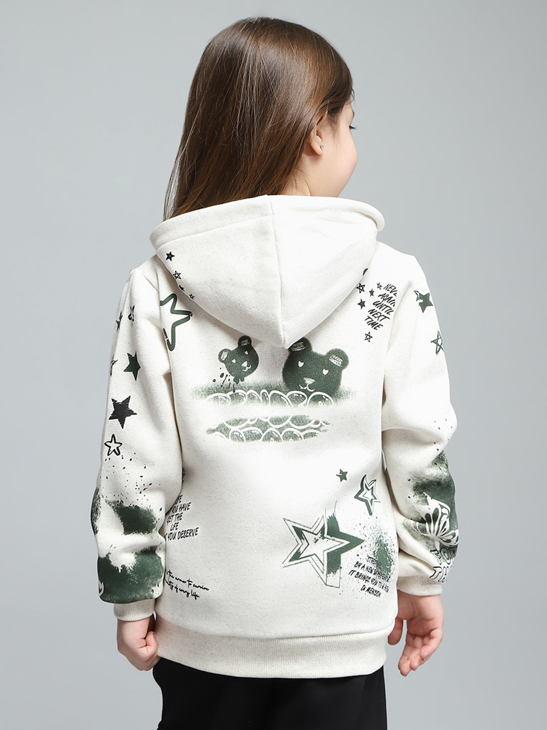Girls Off White Printed Hooded Full Sleeve Sweatshirt