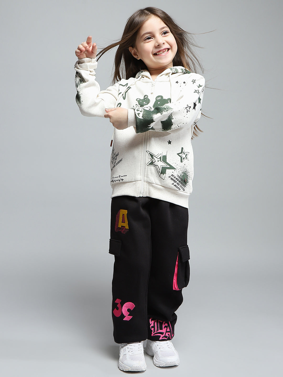Girls Off White Printed Hooded Full Sleeve Sweatshirt