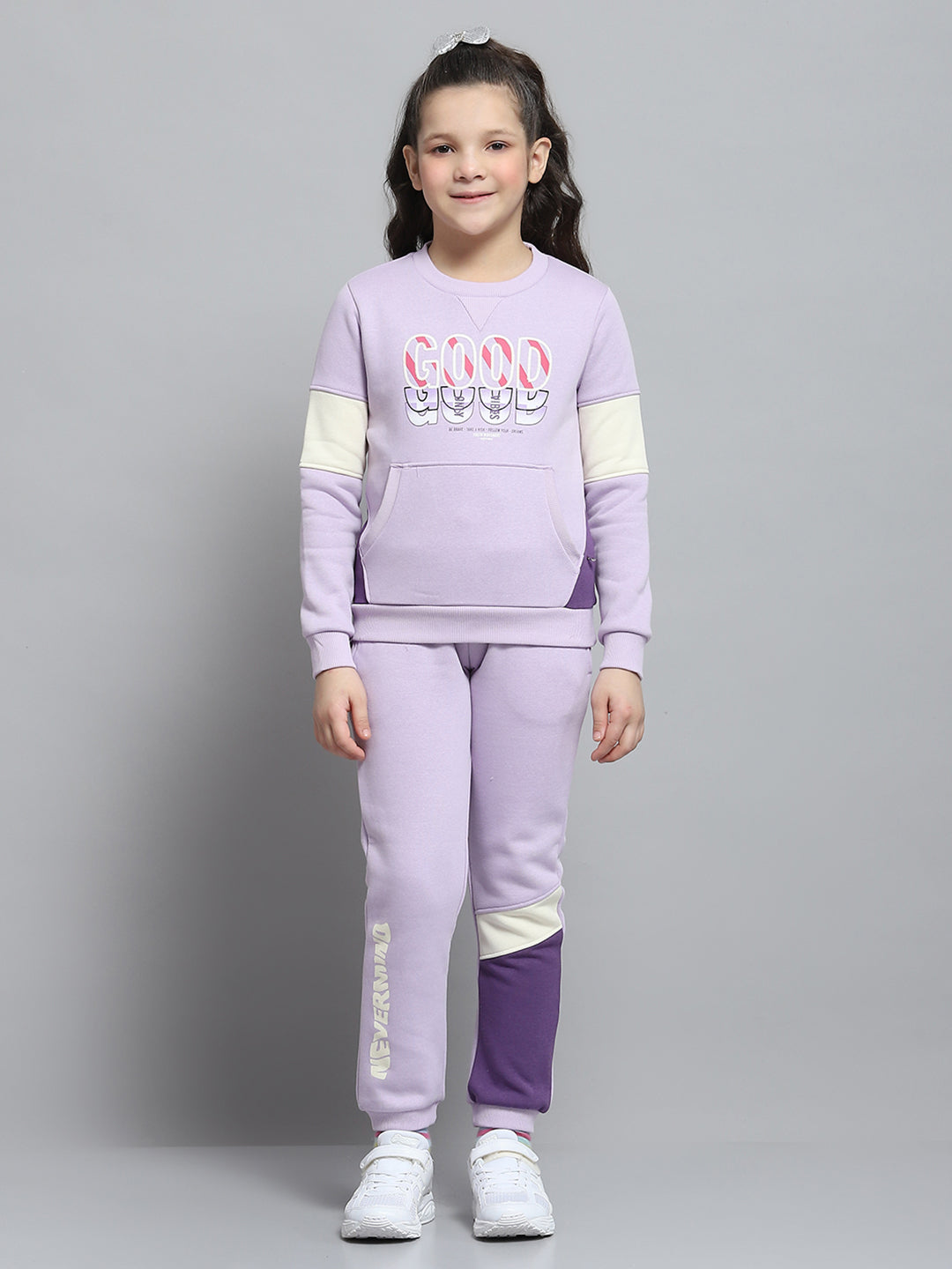 Girls Purple Printed Round Neck Full Sleeve Tracksuit