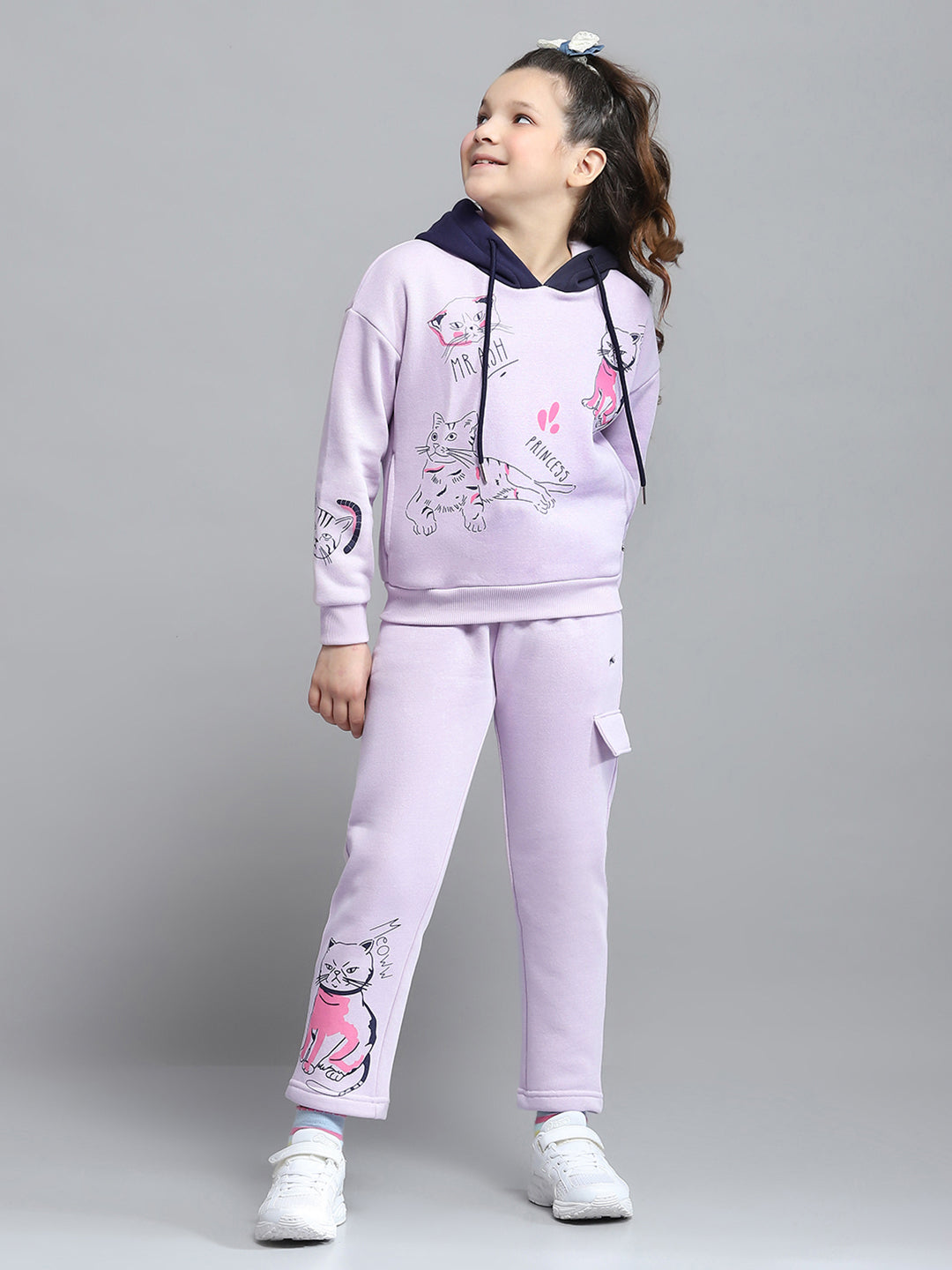 Girls Purple Printed Hooded Full Sleeve Tracksuit