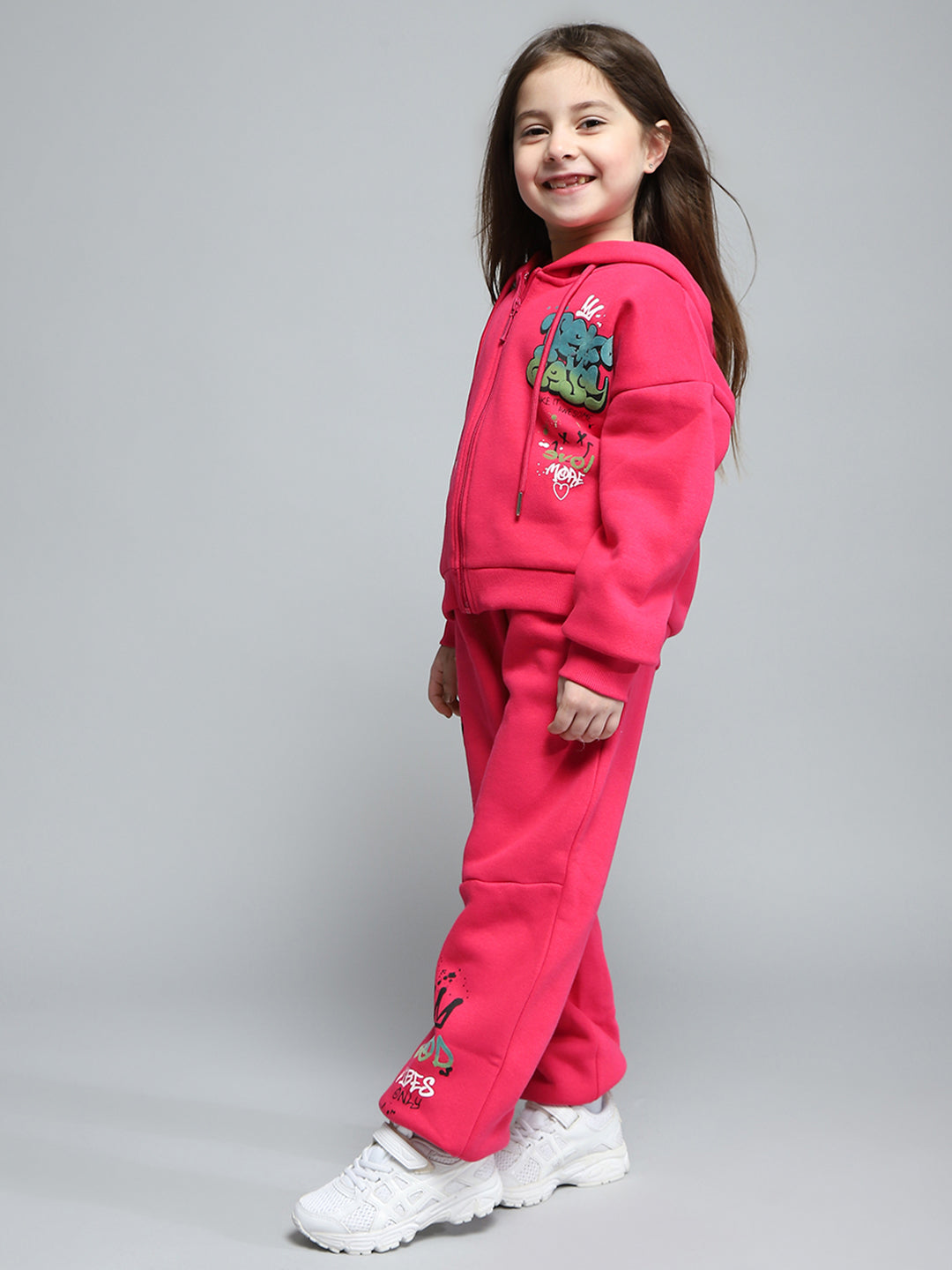 Girls Magenta Printed Hooded Full Sleeve Tracksuit