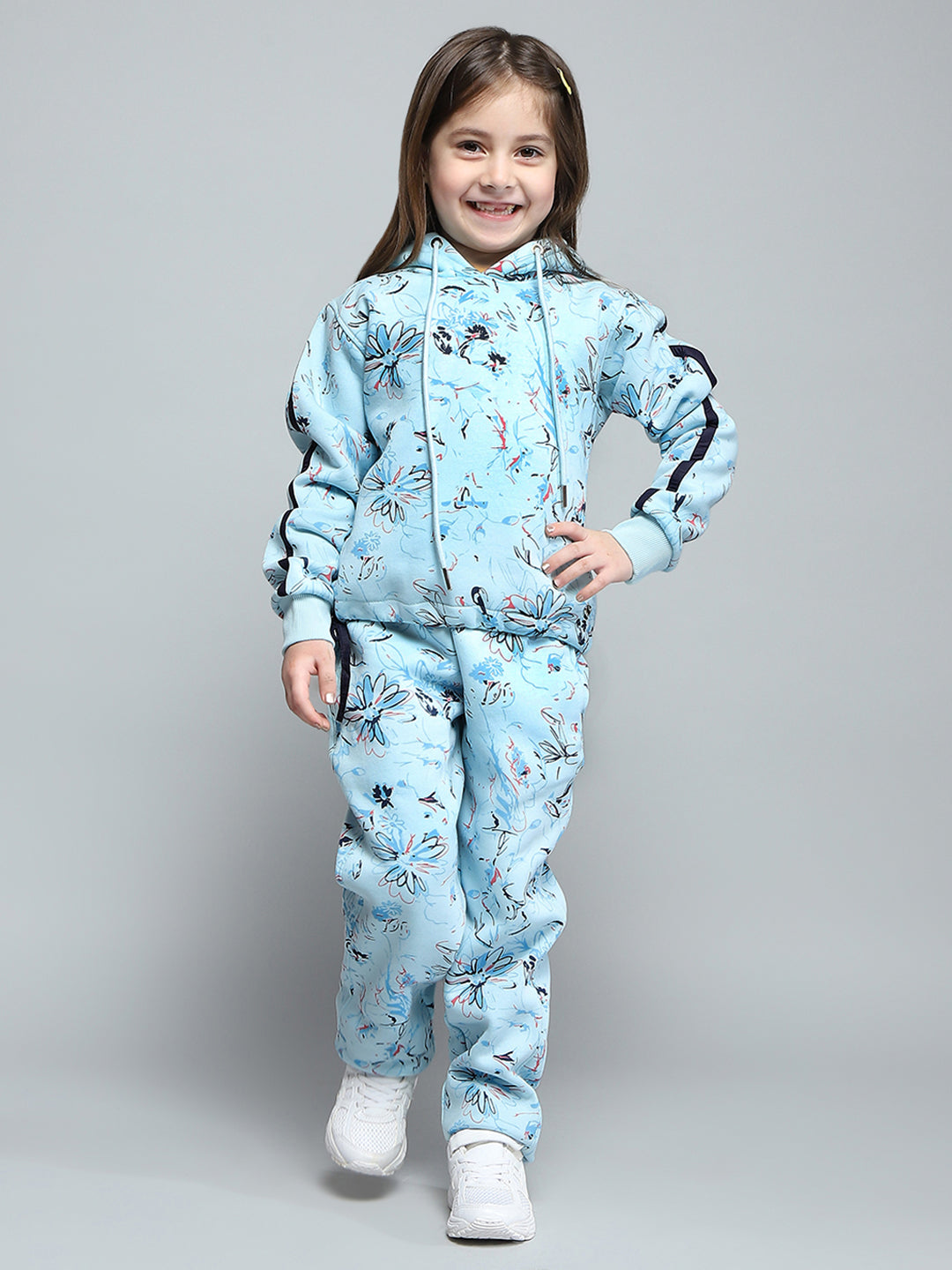 Girls Blue Printed Hooded Full Sleeve Tracksuit