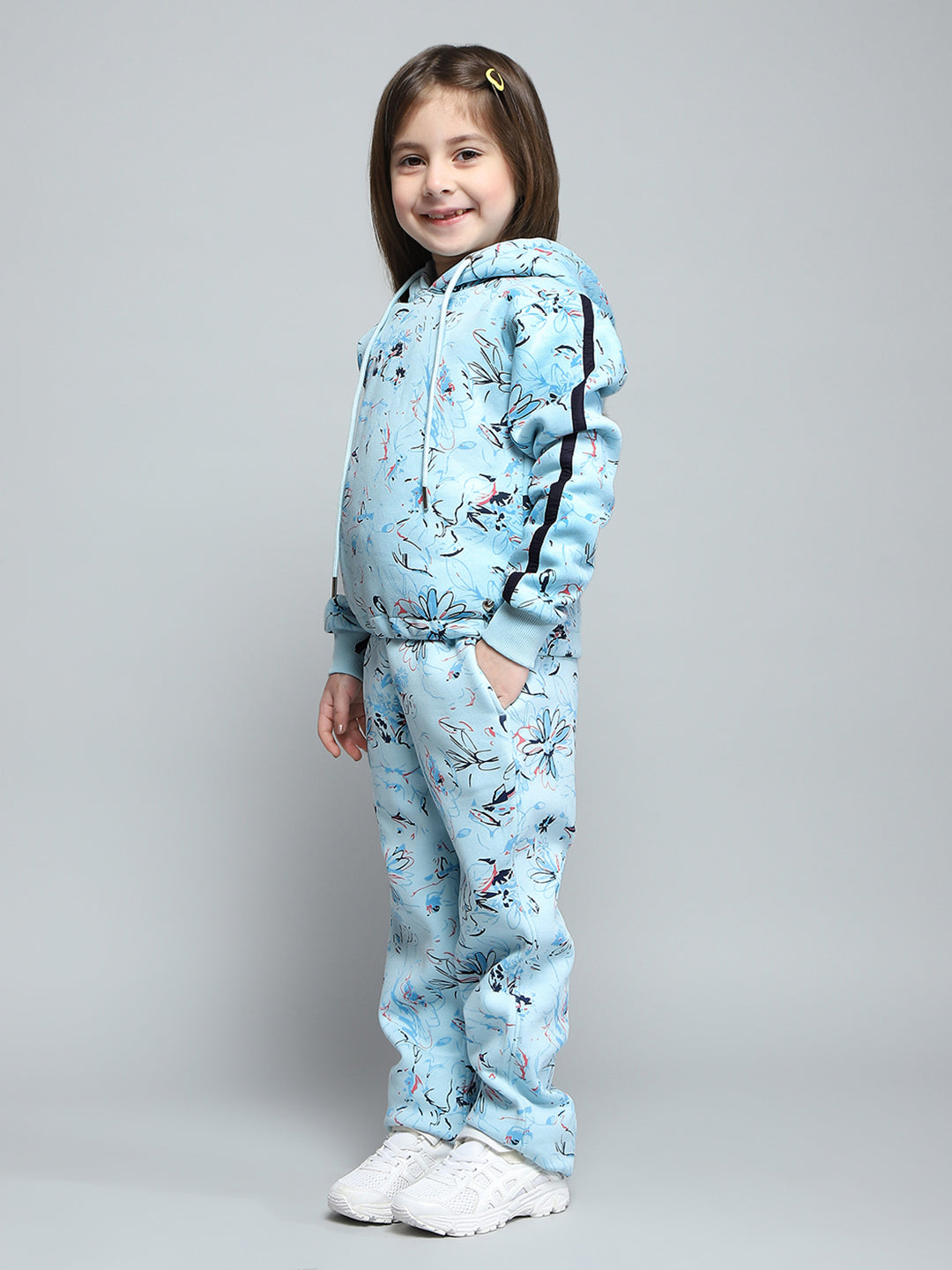 Girls Blue Printed Hooded Full Sleeve Tracksuit