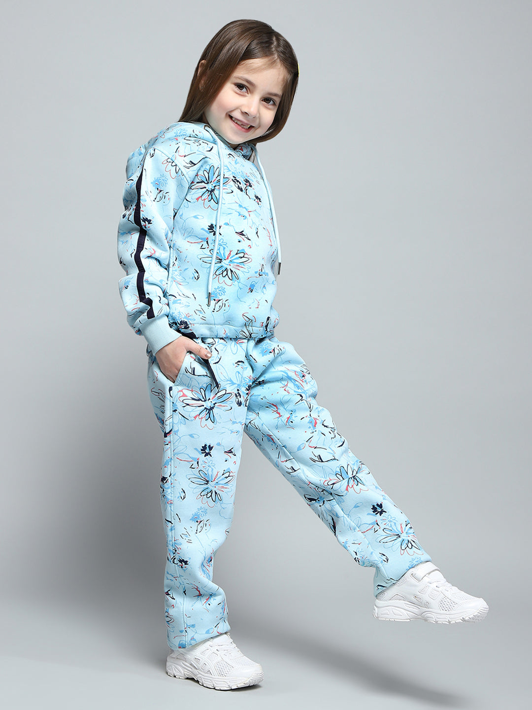 Girls Blue Printed Hooded Full Sleeve Tracksuit