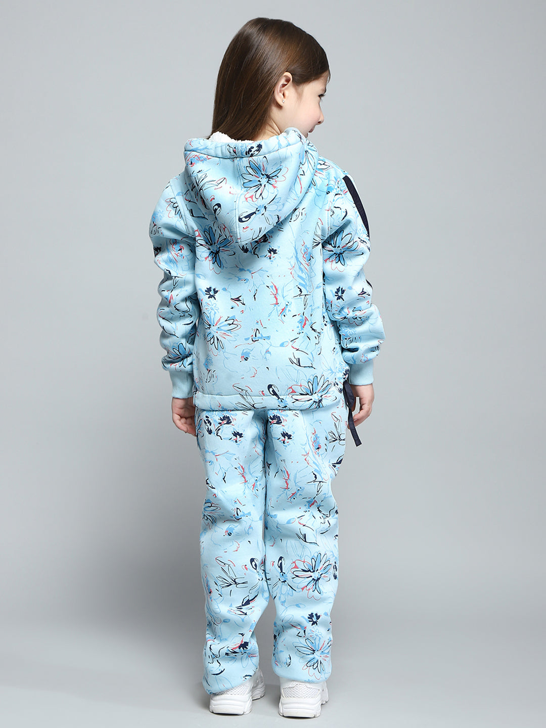 Girls Blue Printed Hooded Full Sleeve Tracksuit