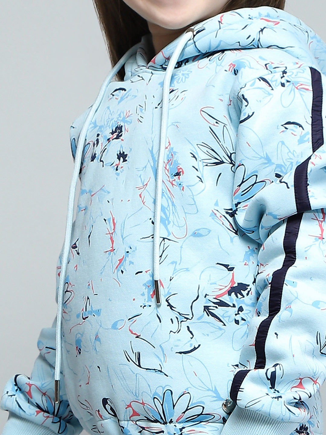 Girls Blue Printed Hooded Full Sleeve Tracksuit