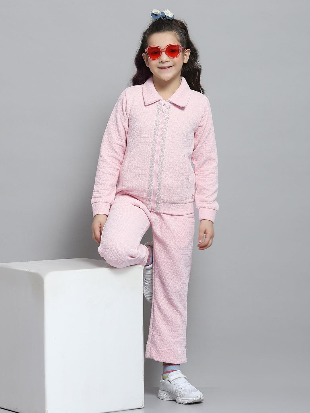 Girls Pink Self Design Collar Full Sleeve Cords Set