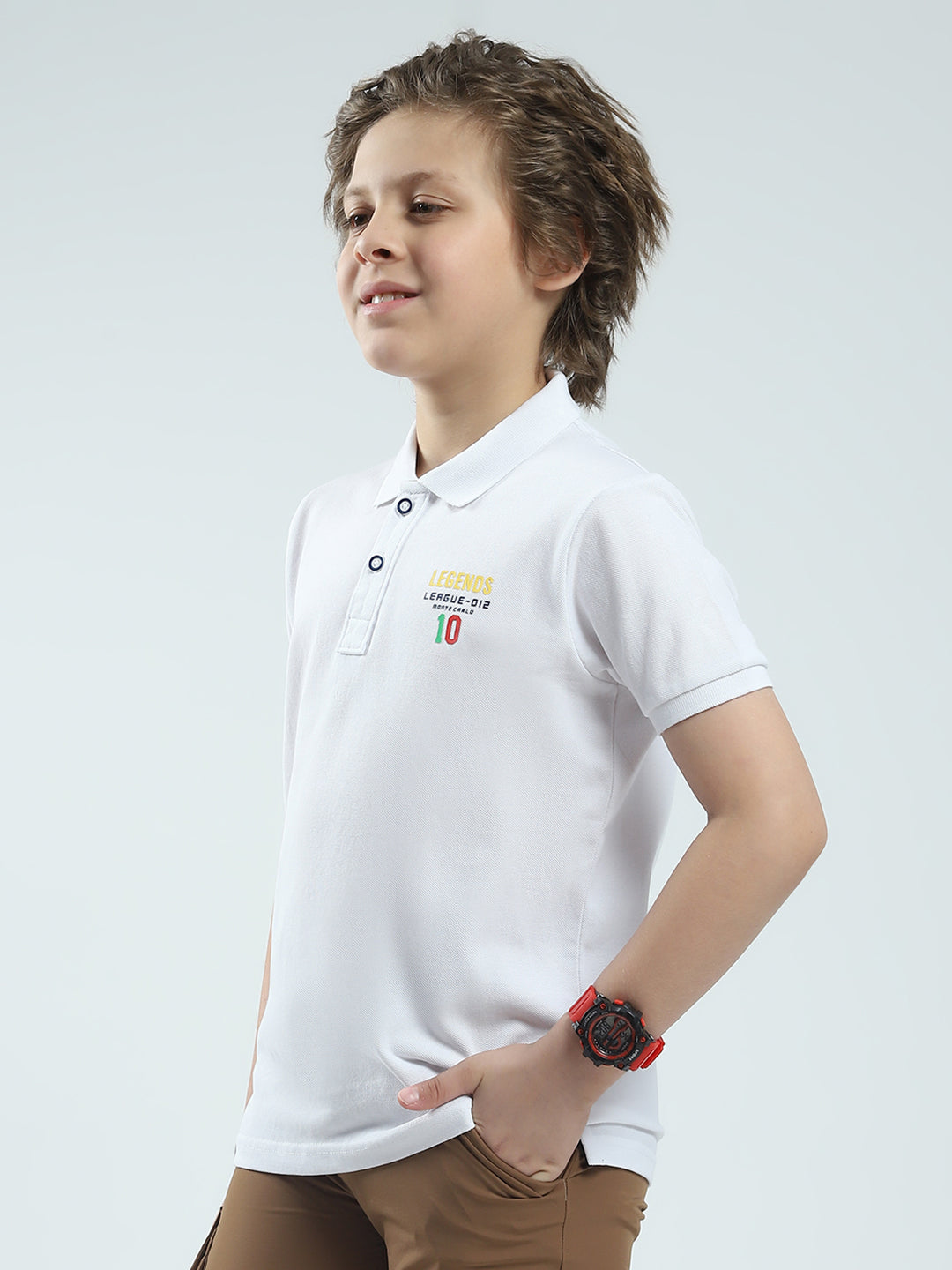 Boys White Solid Collar Half Sleeve T-Shirt