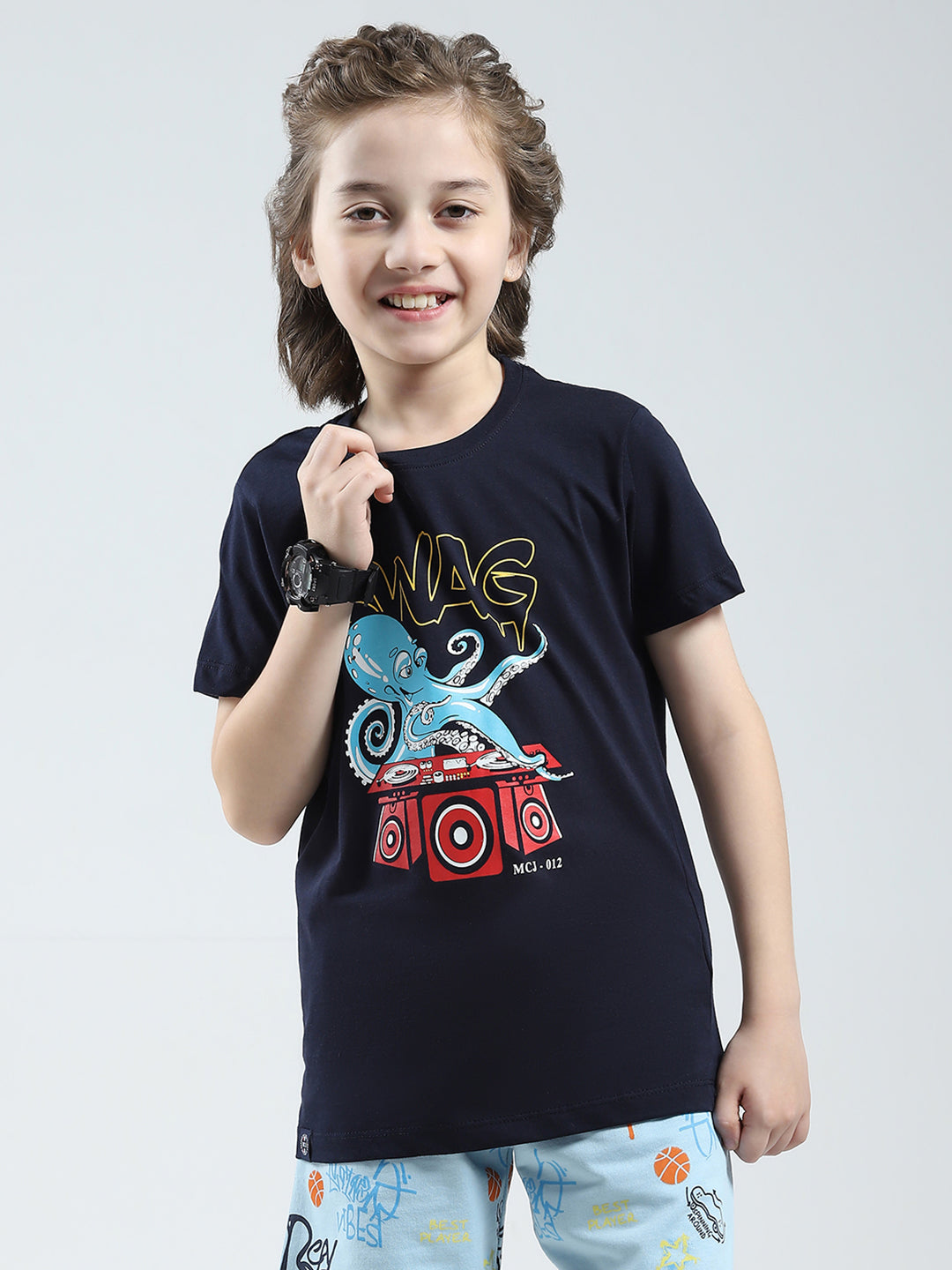 Boys Navy Blue & Green Printed Round Neck Half Sleeve T-Shirt (Pack of 2)