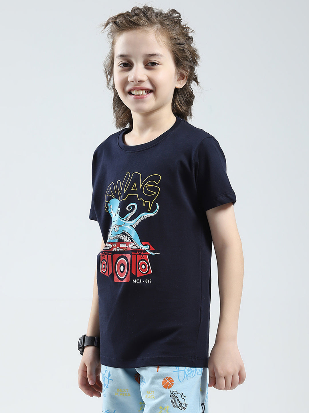 Boys Navy Blue & Green Printed Round Neck Half Sleeve T-Shirt (Pack of 2)