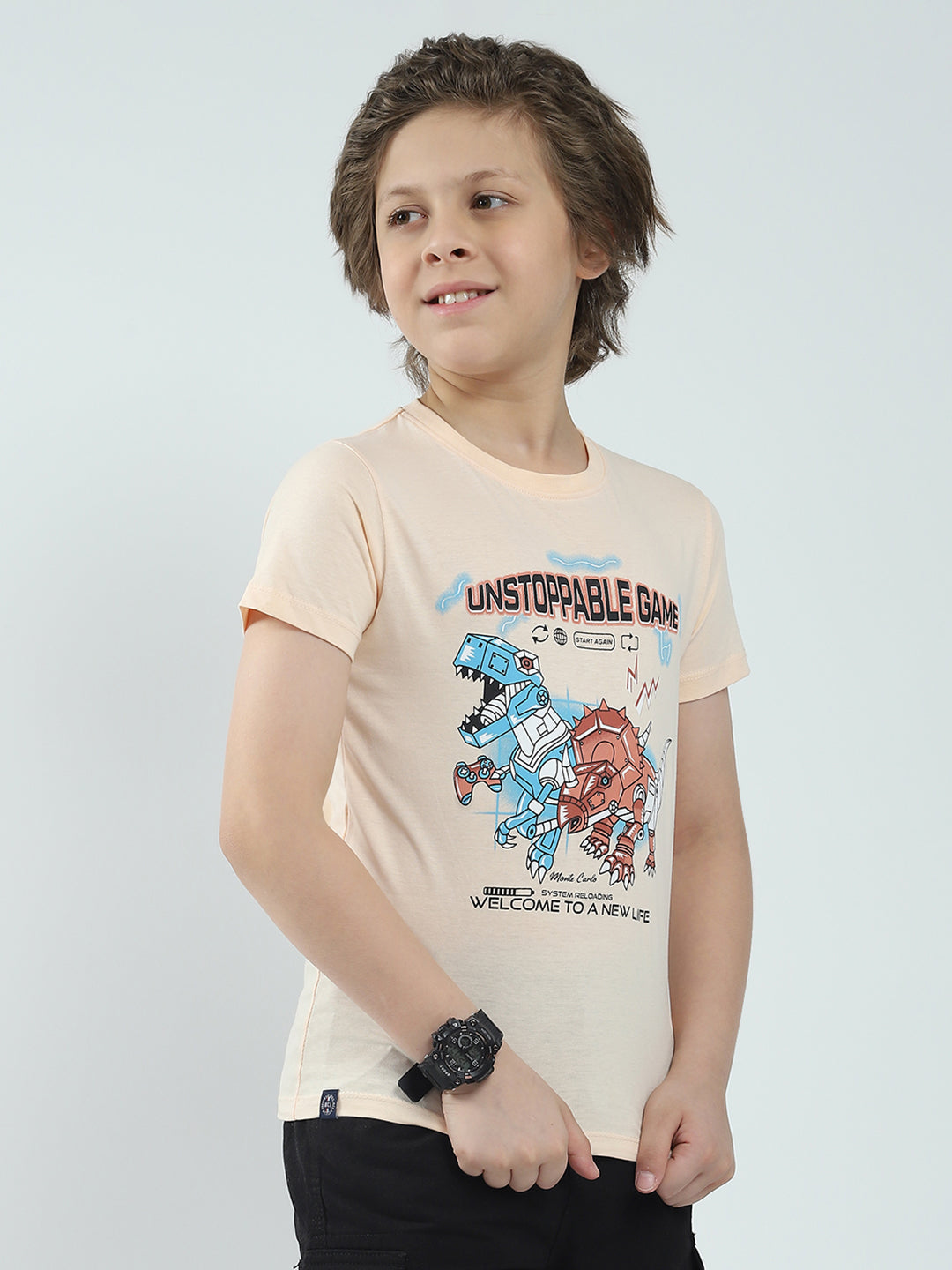 Boys Green & Peach Printed Round Neck Half Sleeve T-Shirt (Pack of 2)
