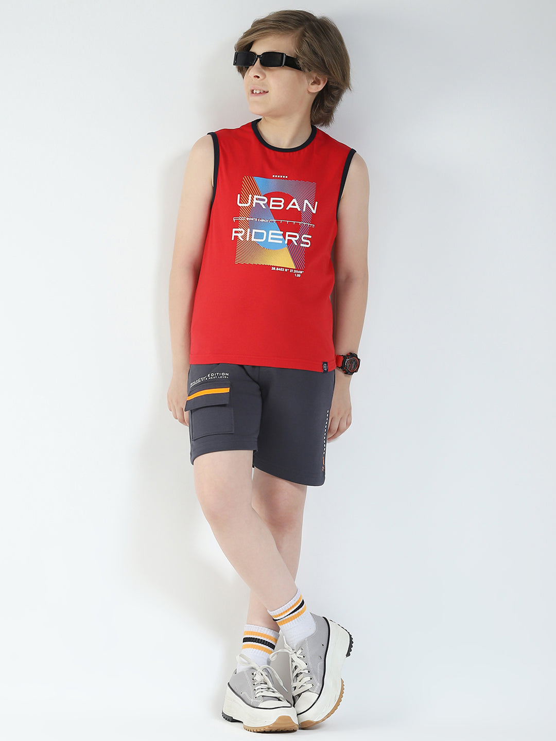 Boys Red & Off White Printed V Neck Sleeveless T-Shirt (Pack of 2)