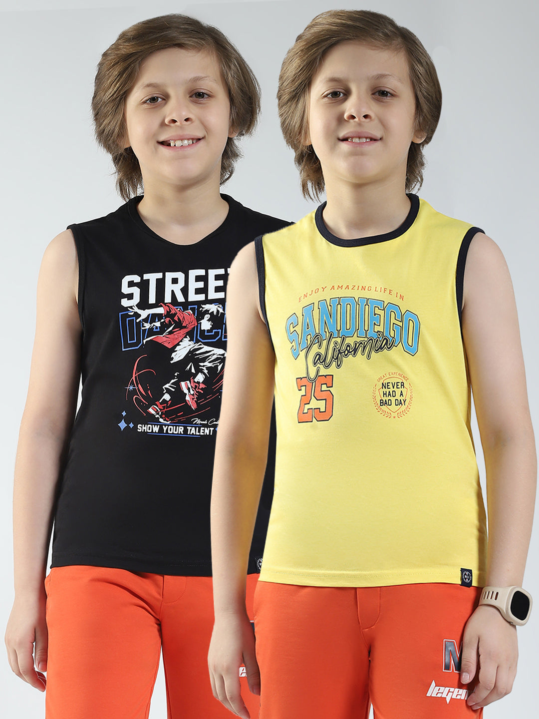 Boys Yellow & Black Printed V Neck Sleeveless T-Shirt (Pack of 2)
