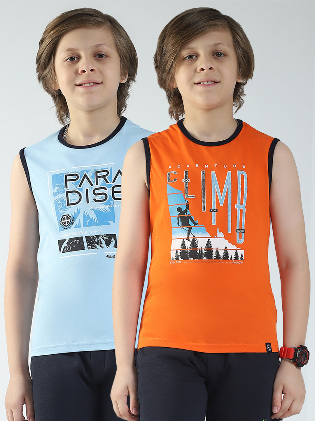 Boys Blue & Orange Printed V Neck Sleeveless T-Shirt (Pack of 2)