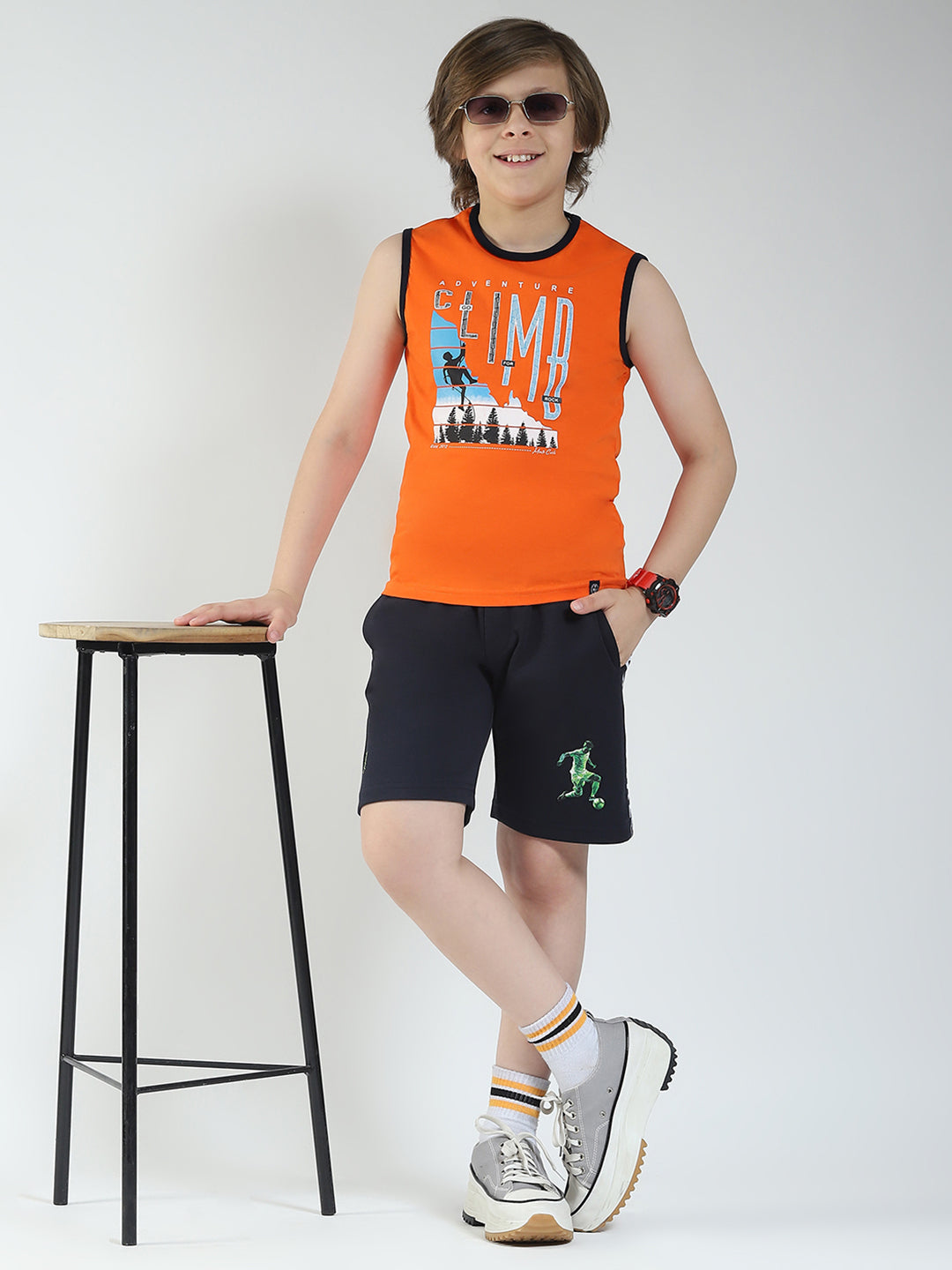 Boys Blue & Orange Printed V Neck Sleeveless T-Shirt (Pack of 2)