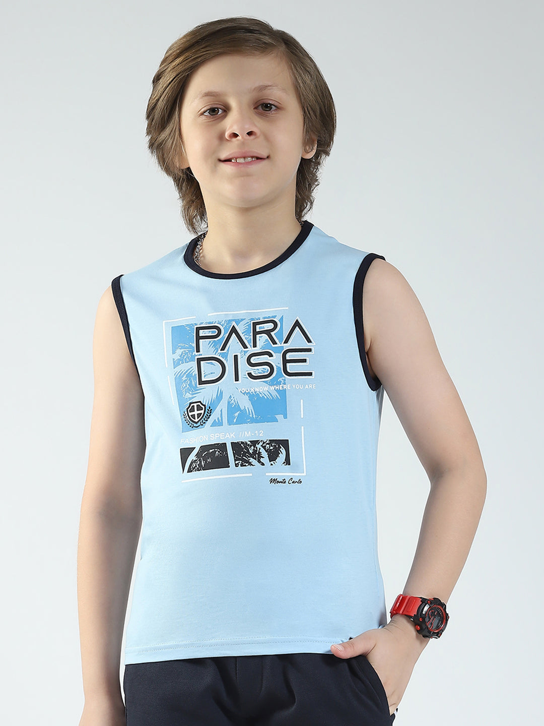 Boys Blue & Orange Printed Round Neck Sleeveless T-Shirt (Pack of 2)