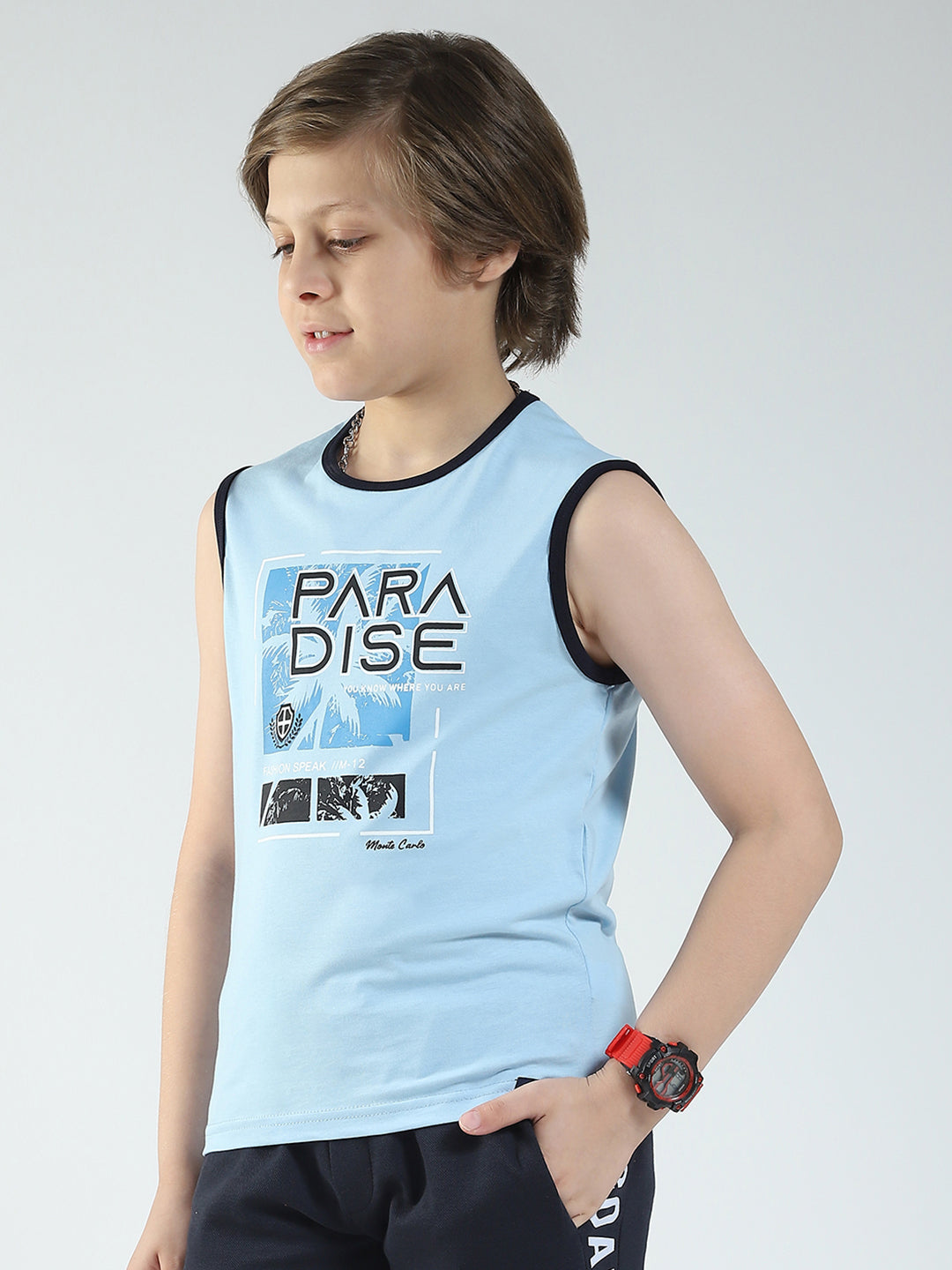 Boys Blue & Orange Printed Round Neck Sleeveless T-Shirt (Pack of 2)