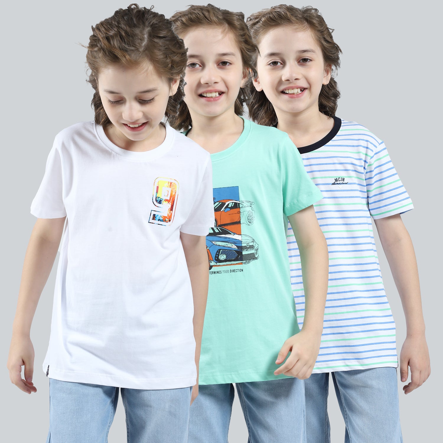 Boys White, Green & Blue Printed V Neck Half Sleeve T-Shirt (Pack of 3)