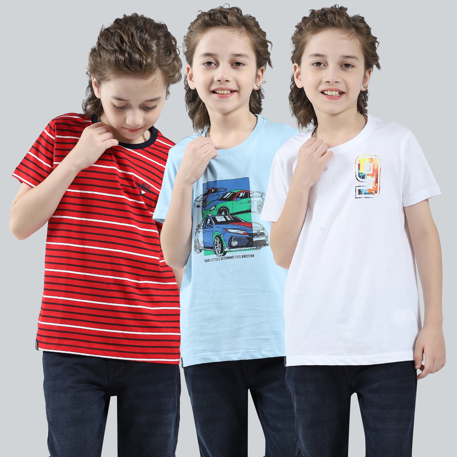 Boys Red, White & Blue Printed V Neck Half Sleeve T-Shirt (Pack of 3)