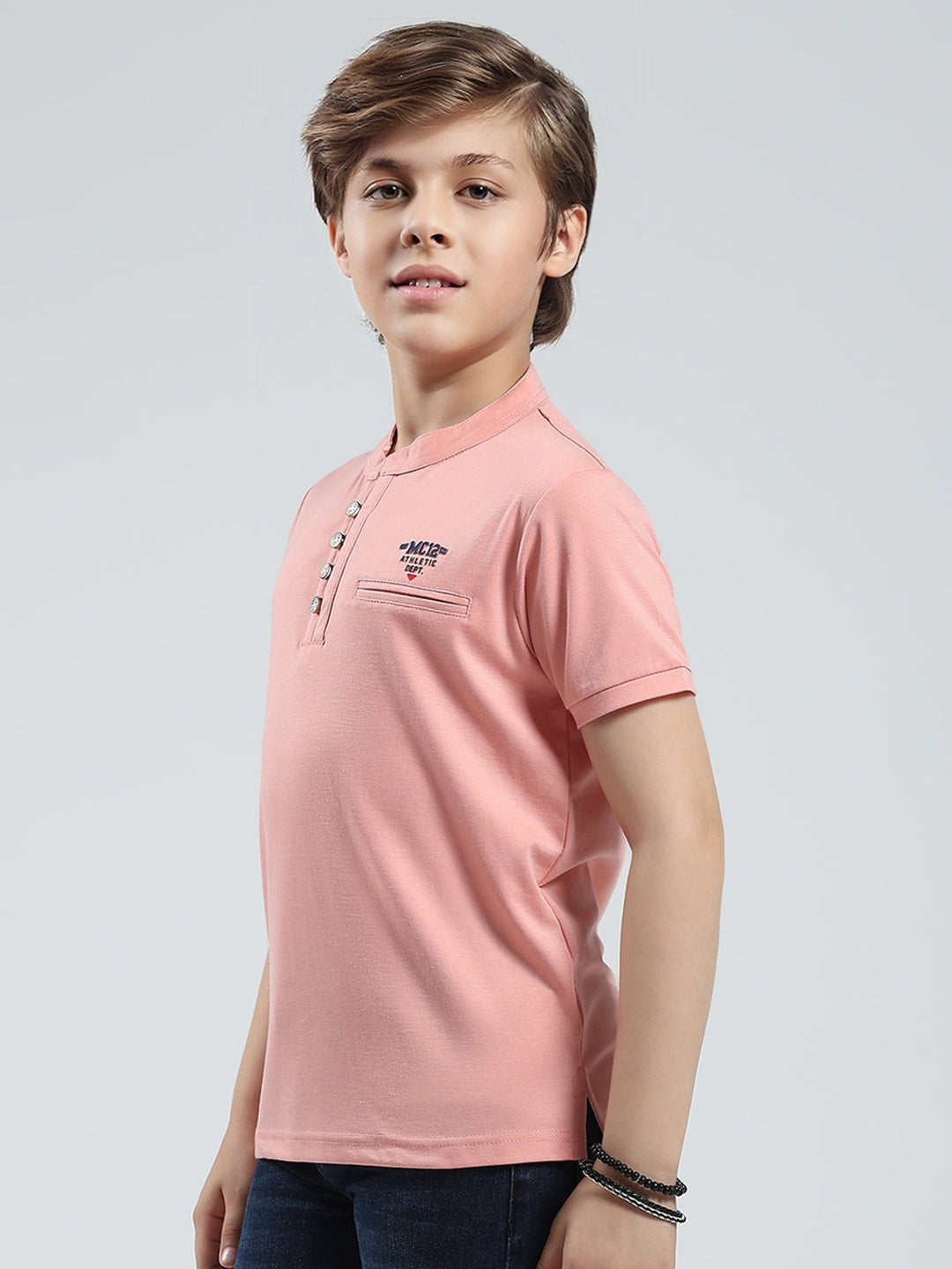 Boys Peach Solid Band Collar Half Sleeve T-Shirt