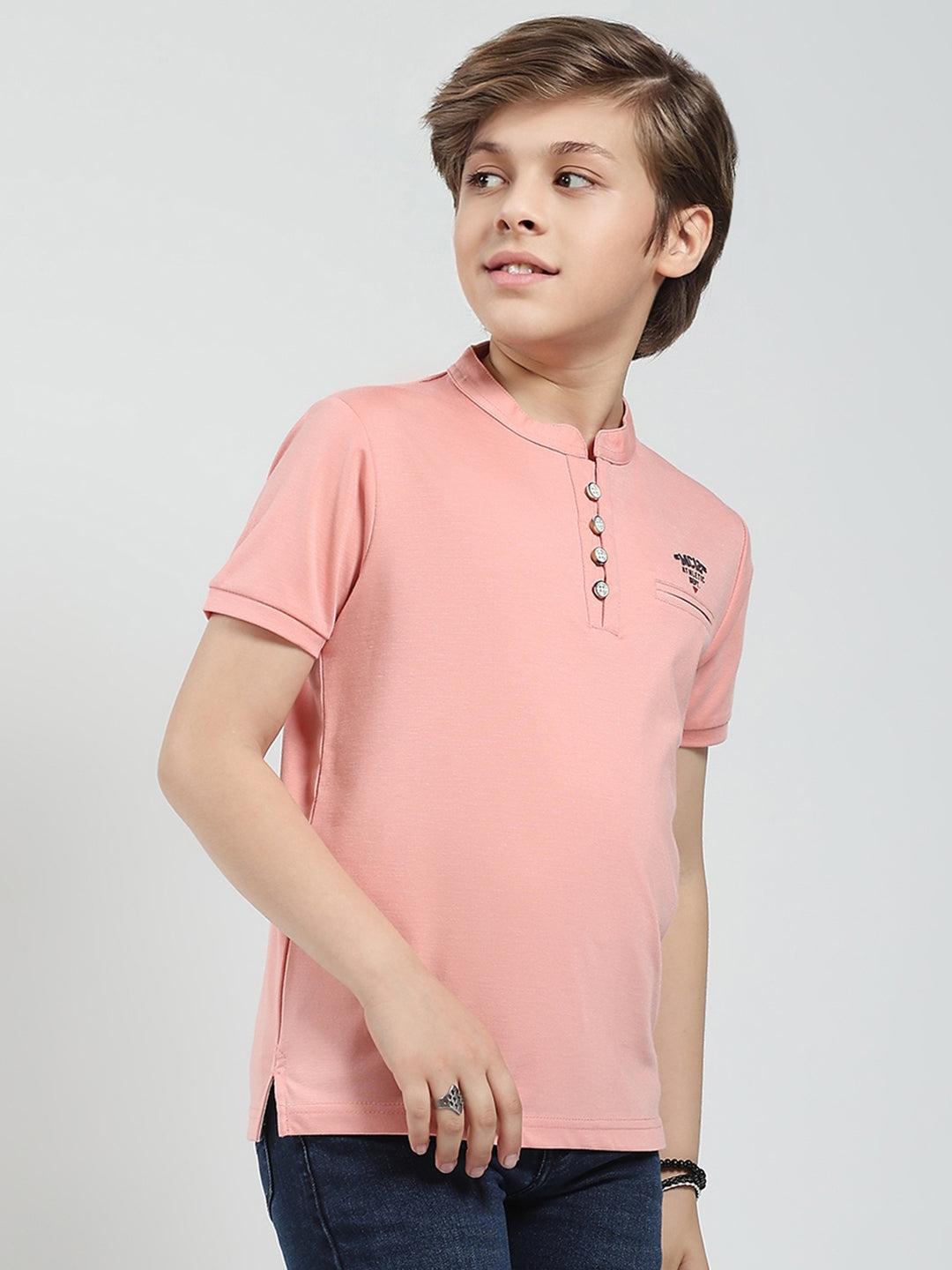 Boys Peach Solid Band Collar Half Sleeve T-Shirt