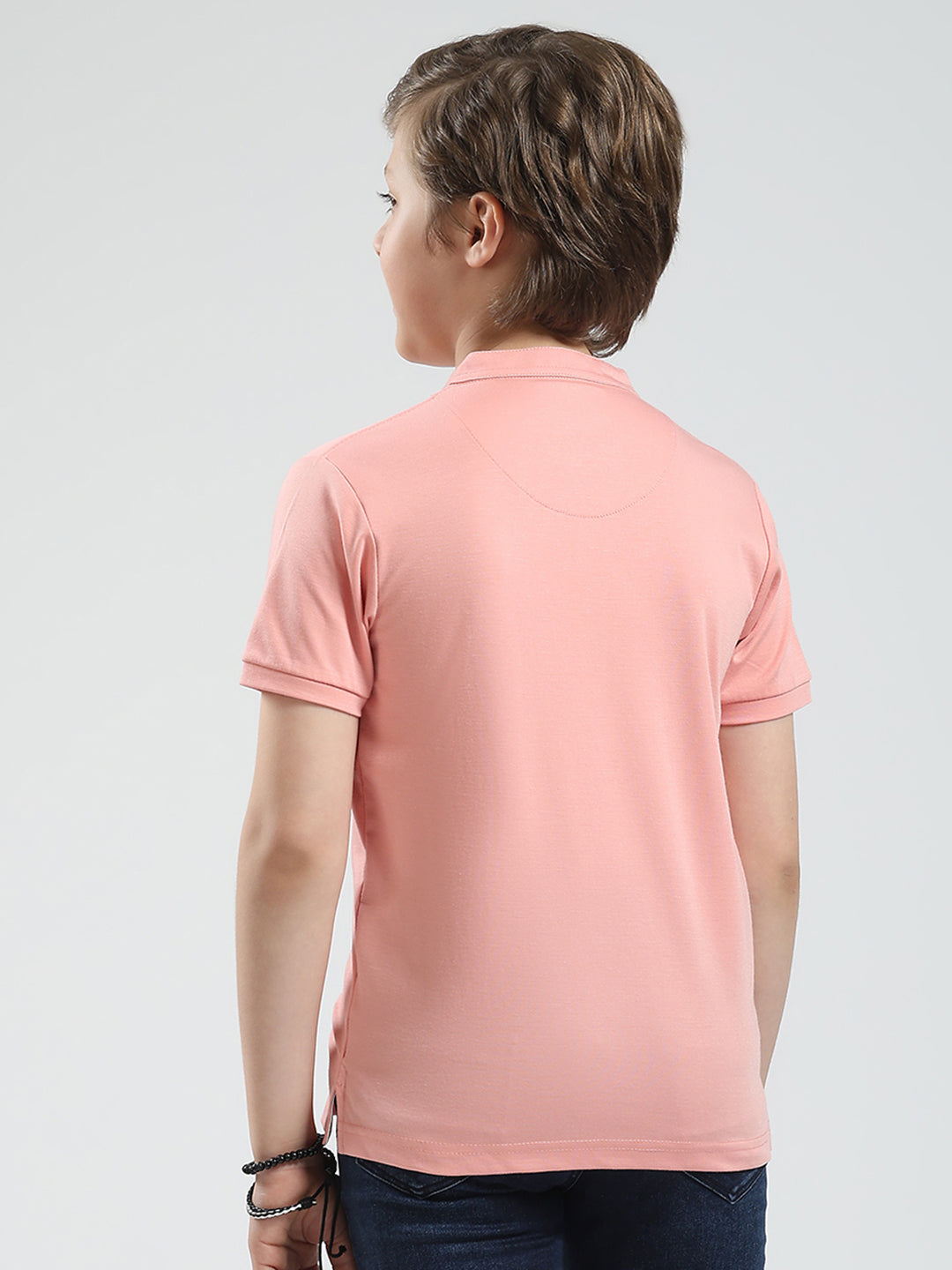 Boys Peach Solid Band Collar Half Sleeve T-Shirt