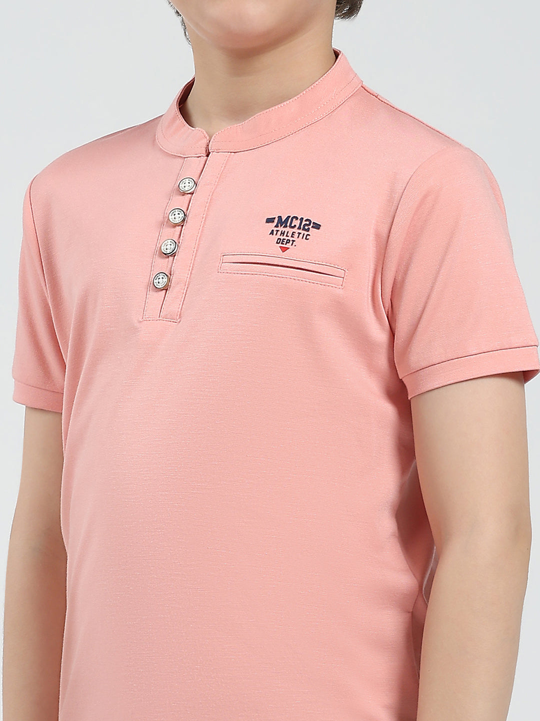 Boys Peach Solid Band Collar Half Sleeve T-Shirt