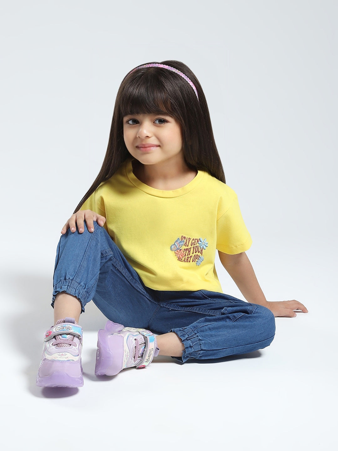Girls Yellow Solid V Neck Half Sleeve Top