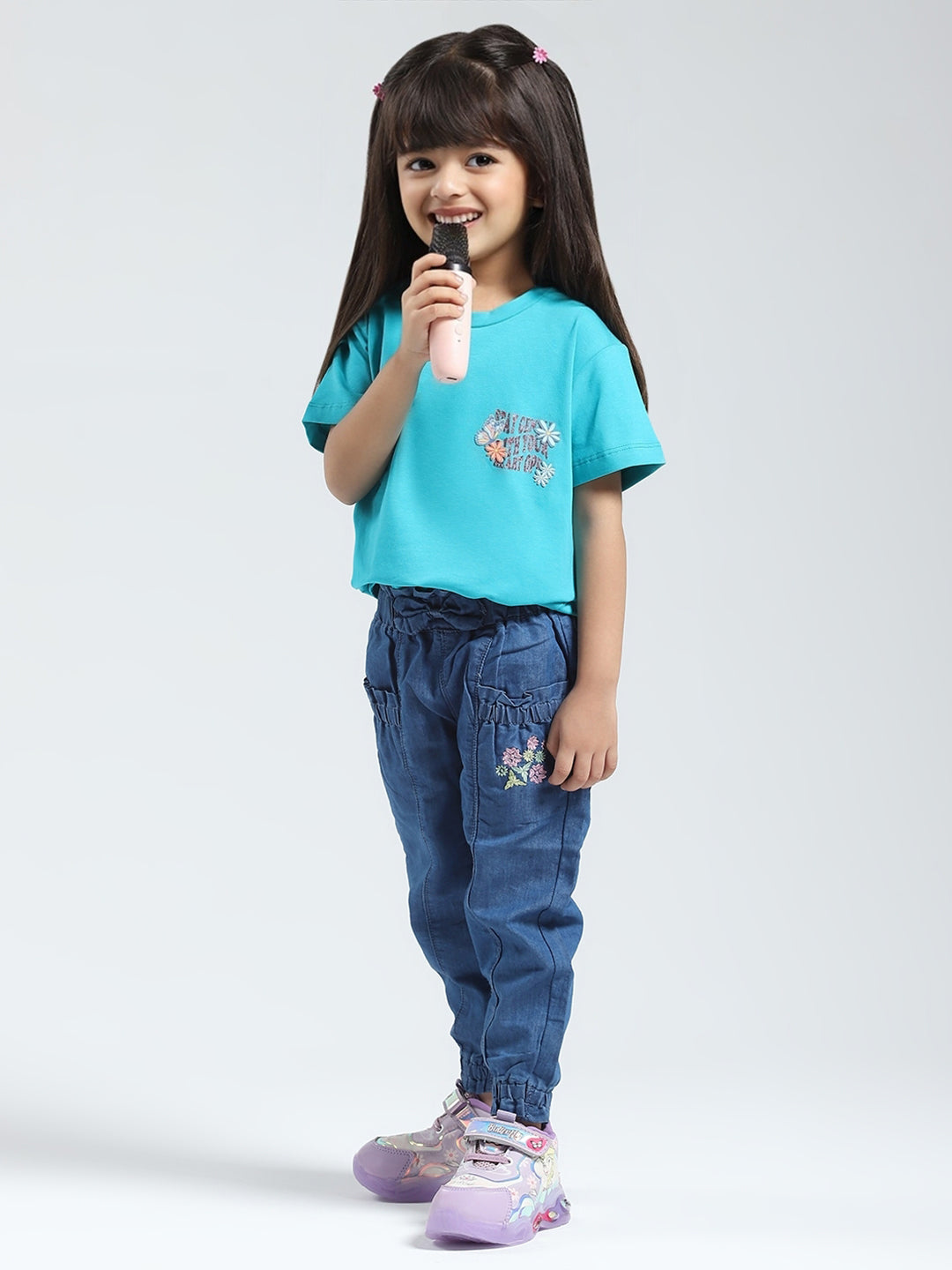 Girls Blue Solid V Neck Half Sleeve Top