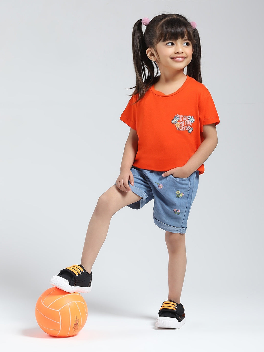 Girls Orange Solid V Neck Half Sleeve Top