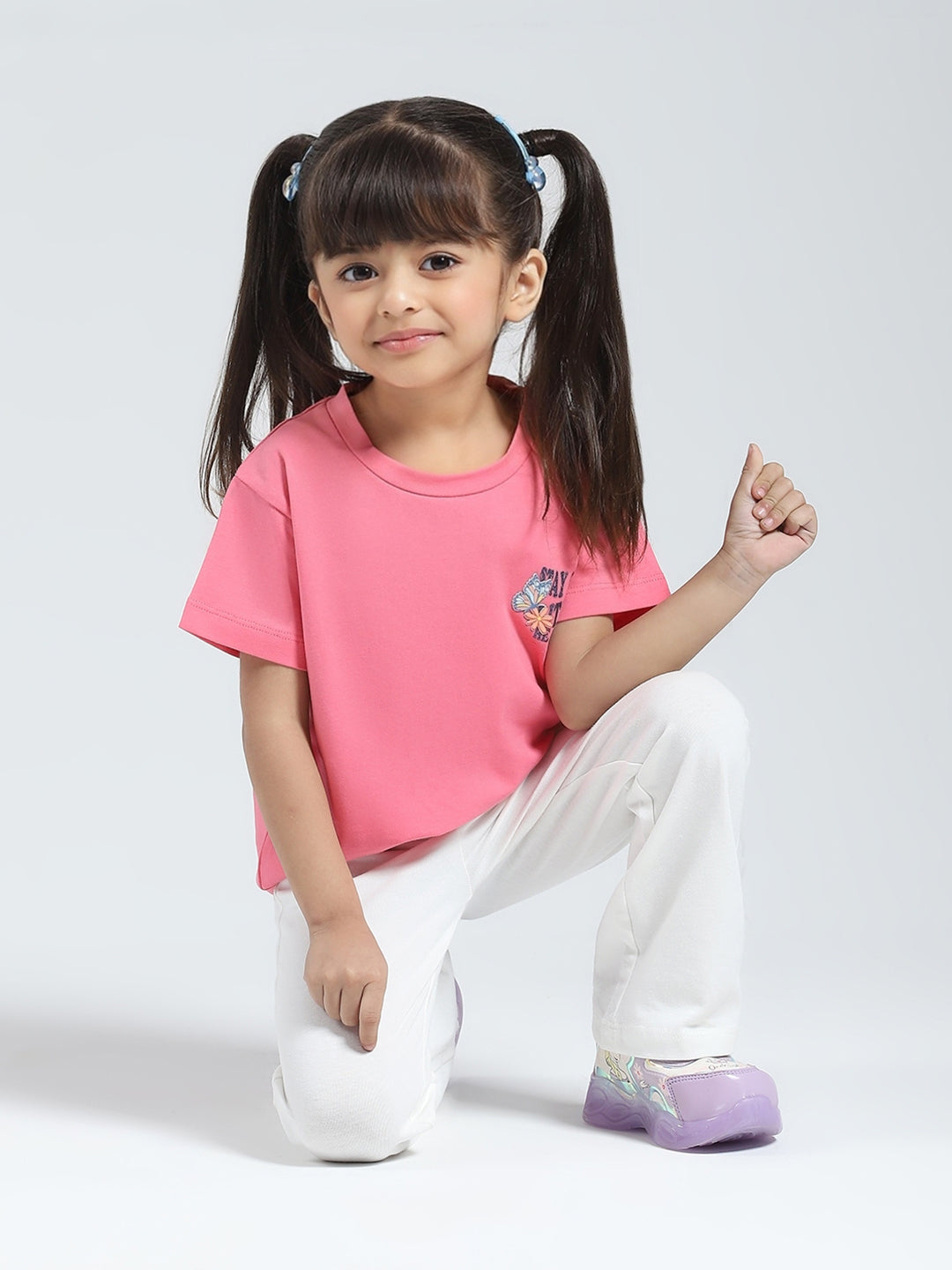 Girls Pink Solid V Neck Half Sleeve Top