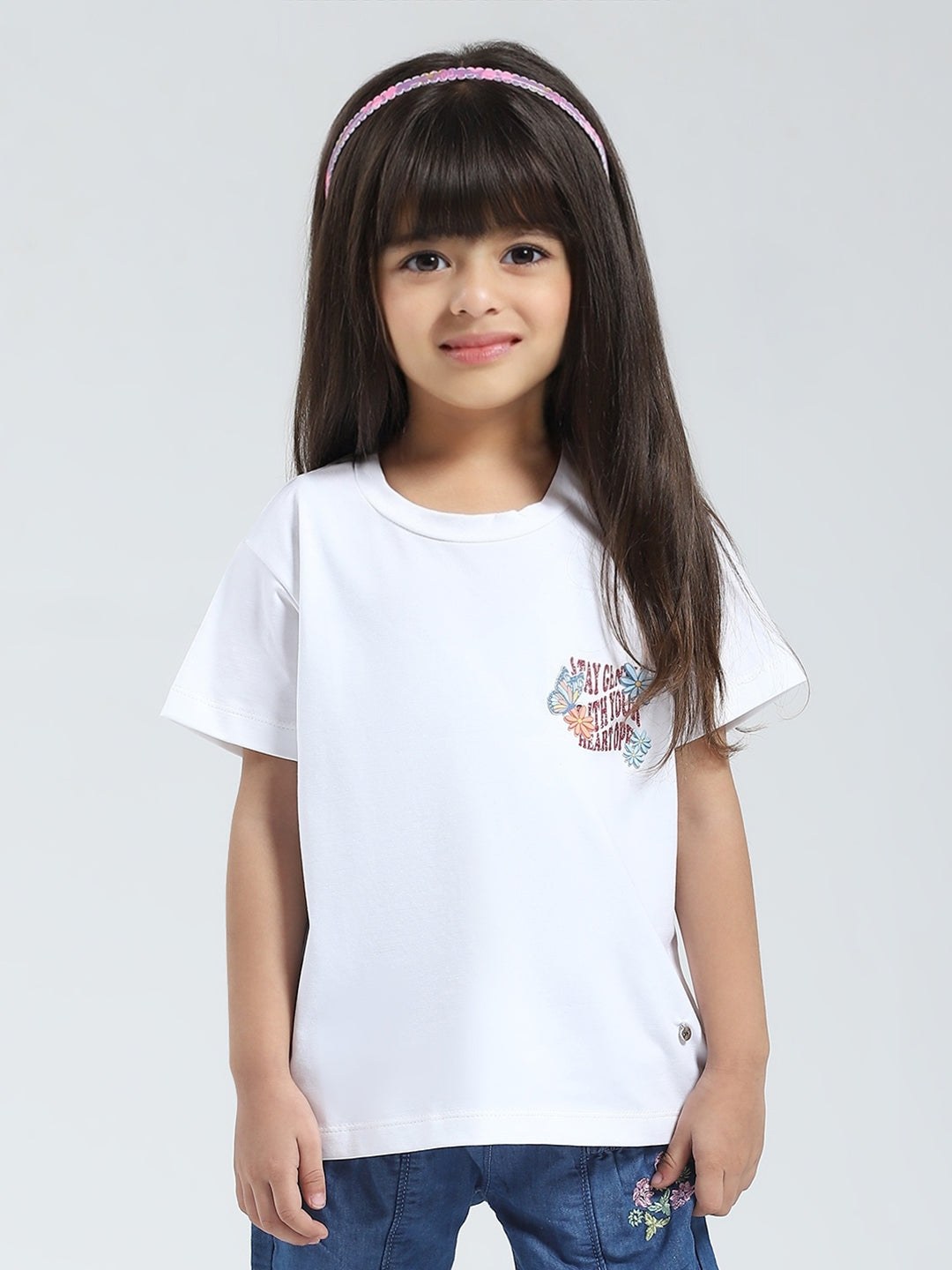 Girls White Solid V Neck Half Sleeve Top