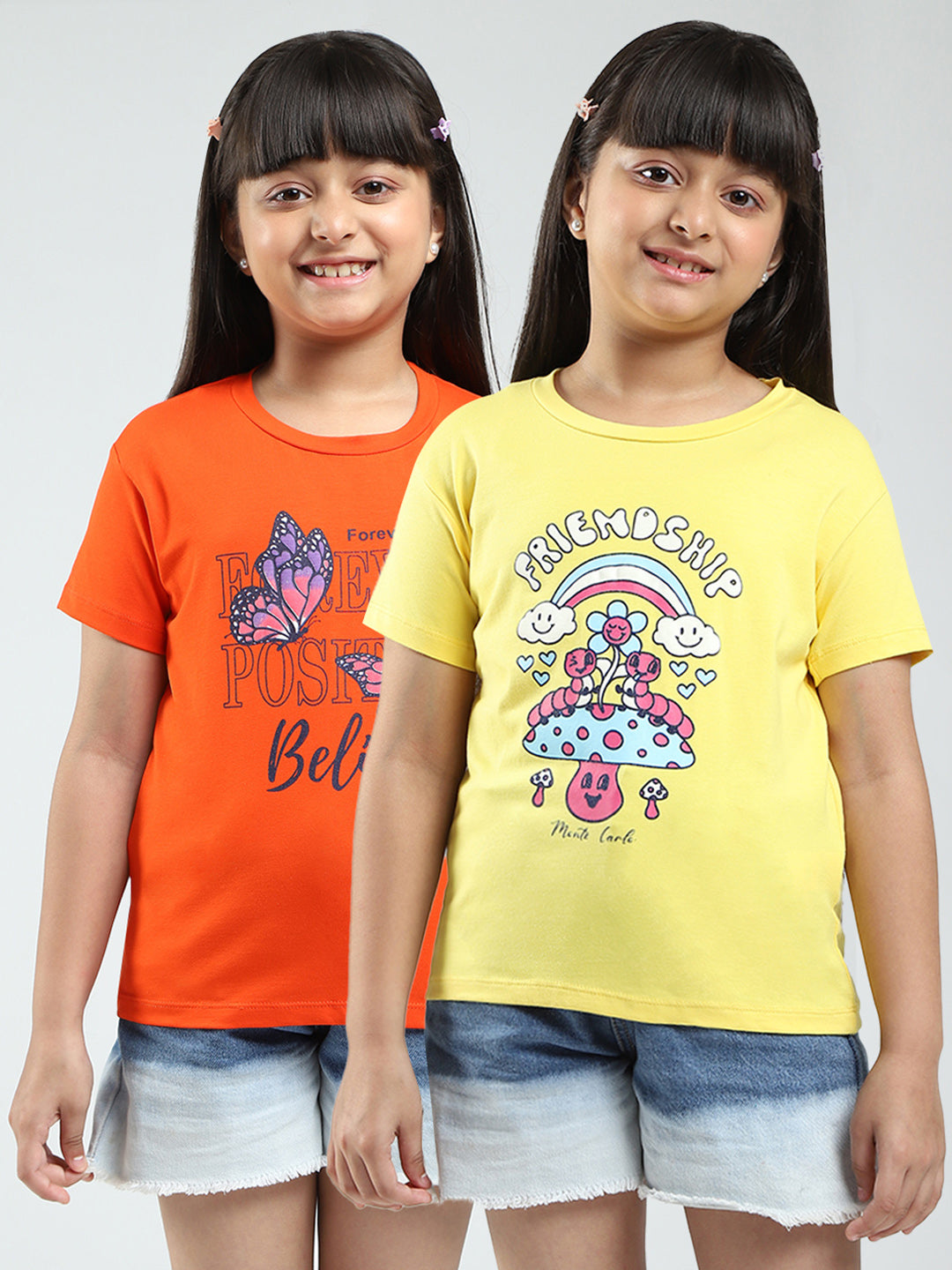 Girls Yellow & Orange Printed V Neck Half Sleeve Top 2Pc Set