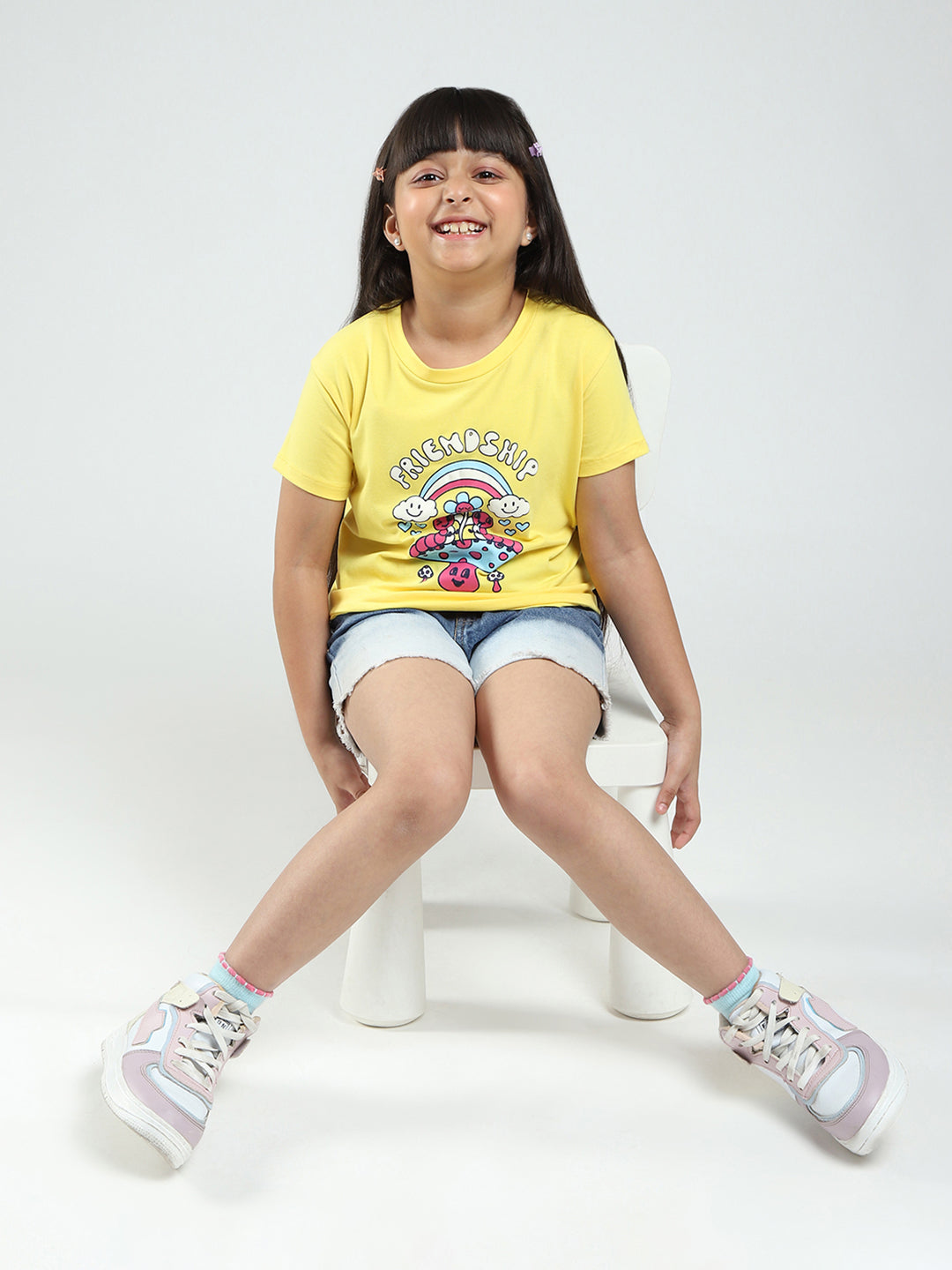 Girls Yellow & Orange Printed V Neck Half Sleeve Top 2Pc Set