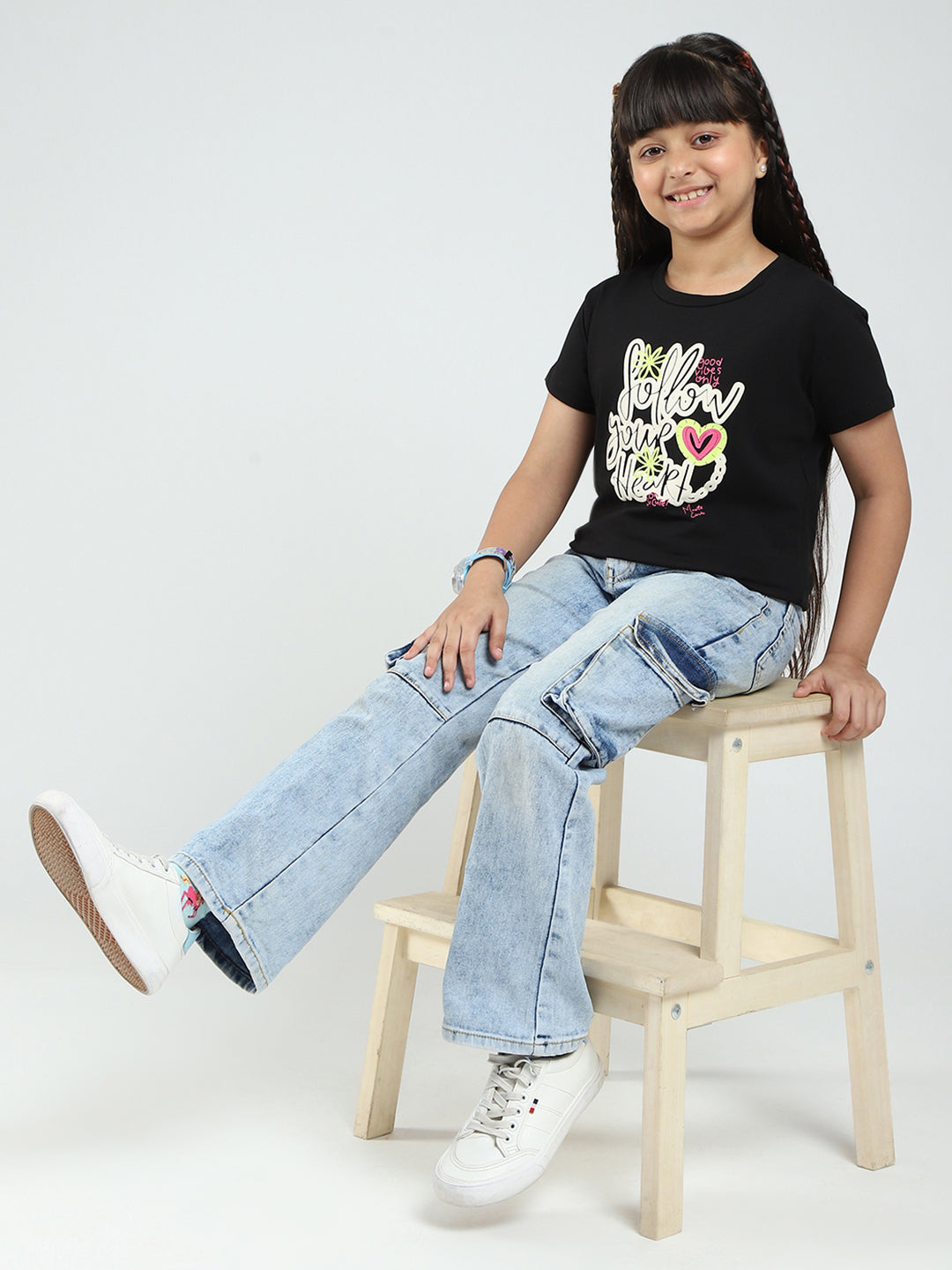 Girls Blue & Black Printed V Neck Half Sleeve Top 2Pc Set