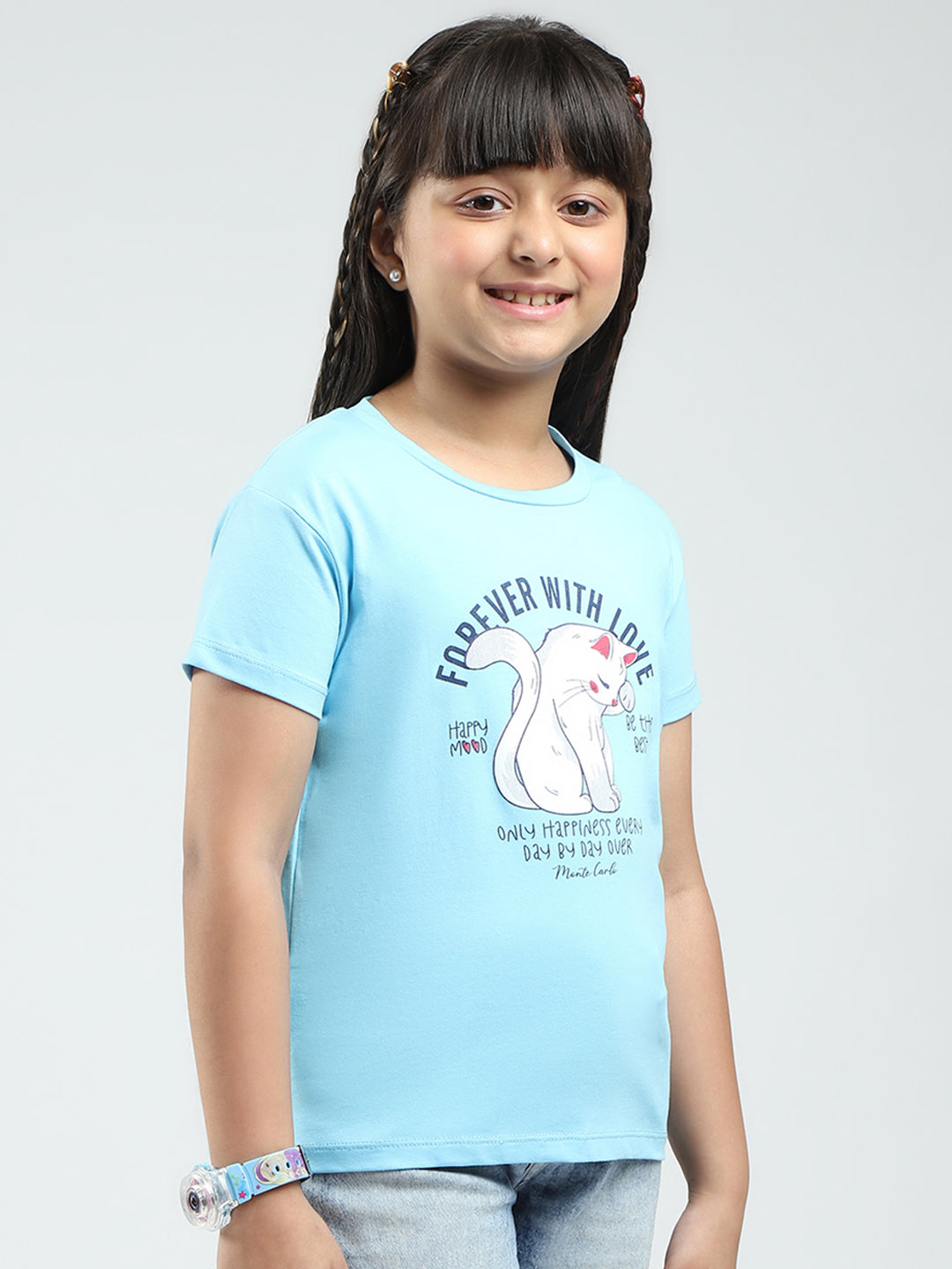 Girls Blue & Black Printed V Neck Half Sleeve Top 2Pc Set