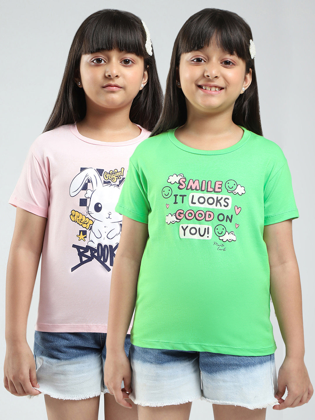 Girls Green & Pink Printed V Neck Half Sleeve Top 2Pc Set