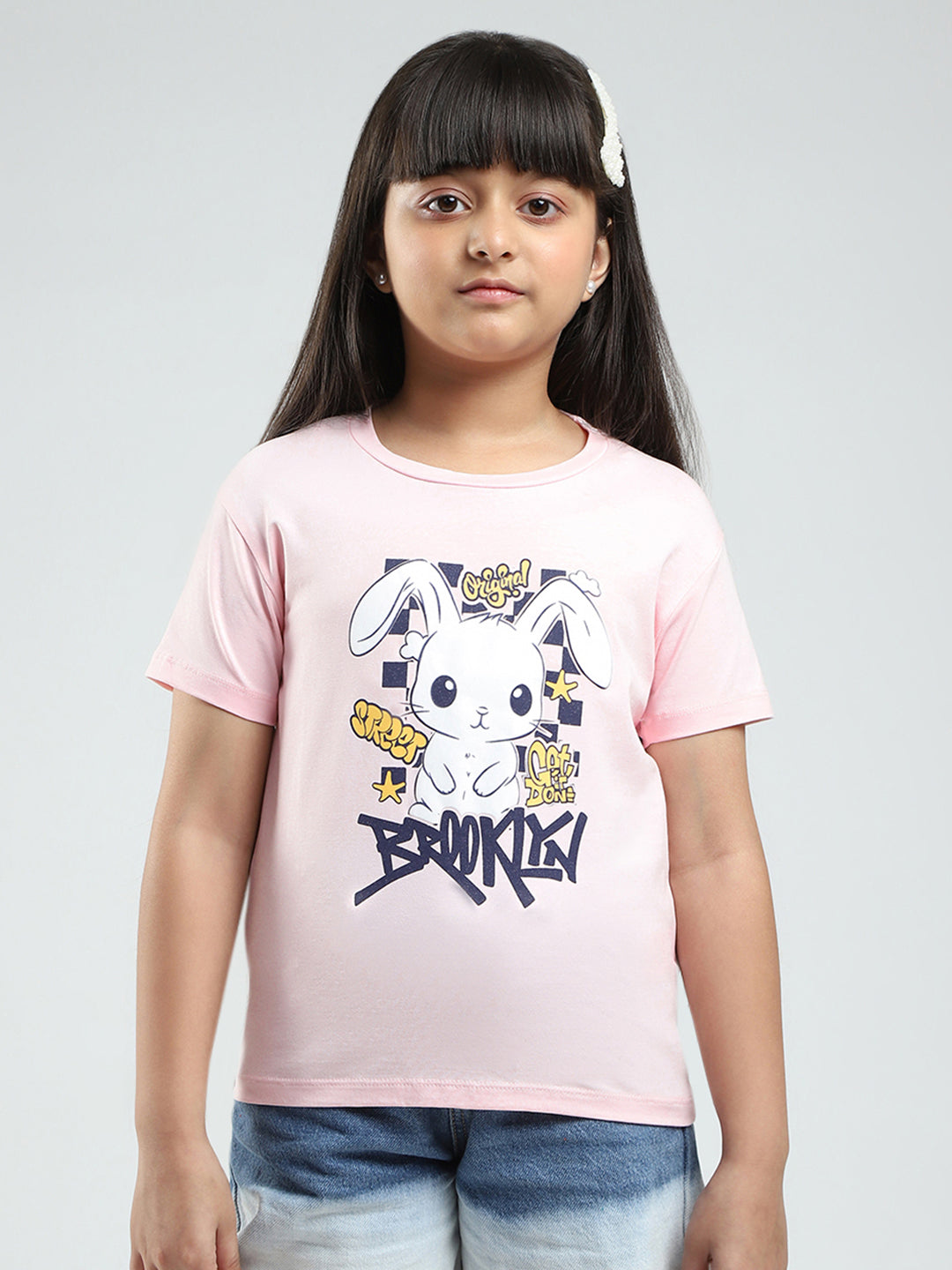 Girls Green & Pink Printed Round Neck Half Sleeve Top 2Pc Set