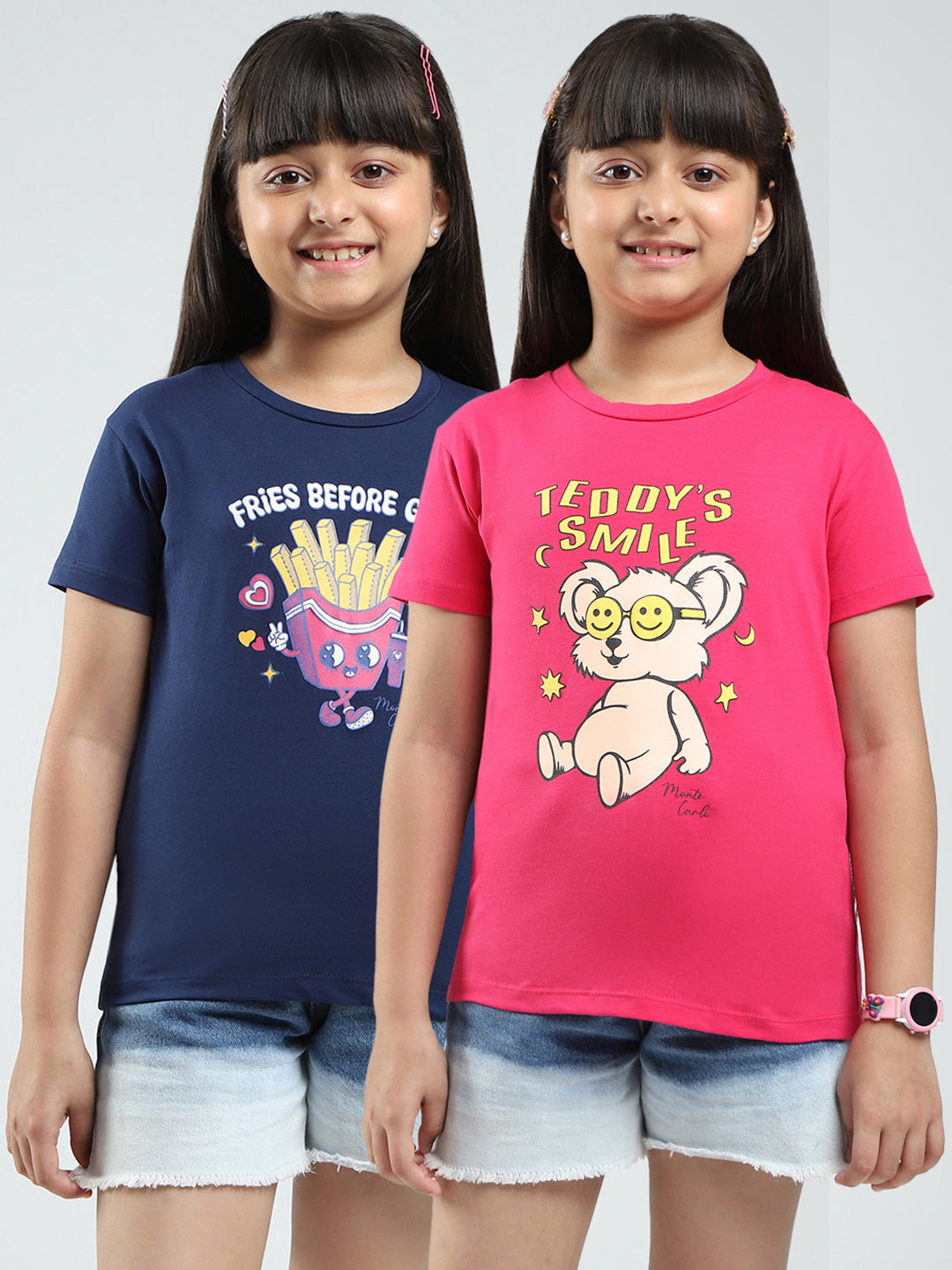 Girls Navy Blue & Pink Printed V Neck Half Sleeve Top 2Pc Set
