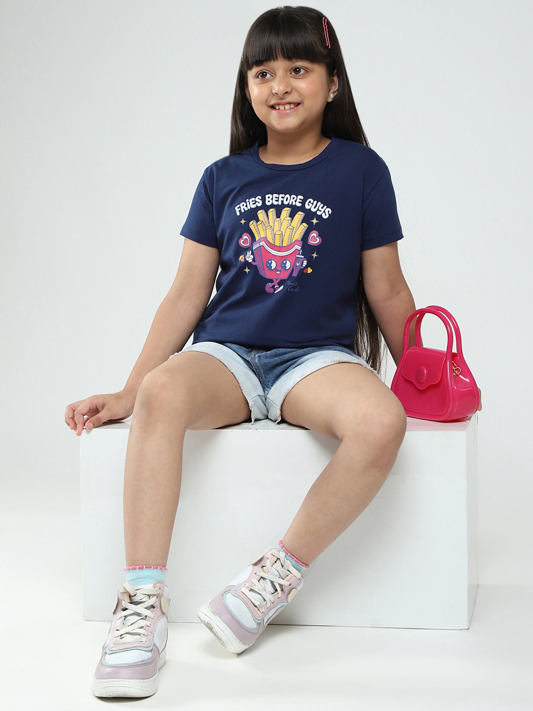 Girls Navy Blue & Pink Printed V Neck Half Sleeve Top 2Pc Set