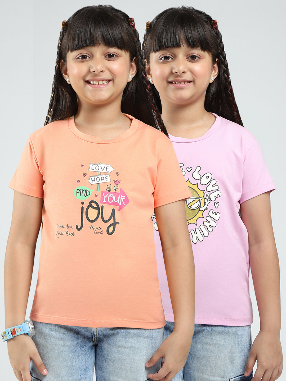 Girls Pink & Peach Printed V Neck Half Sleeve Top 2Pc Set