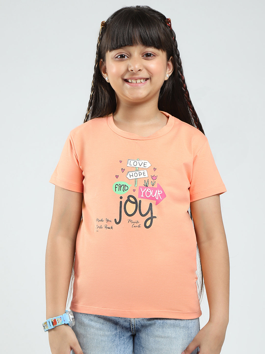 Girls Pink & Peach Printed Round Neck Half Sleeve Top 2Pc Set