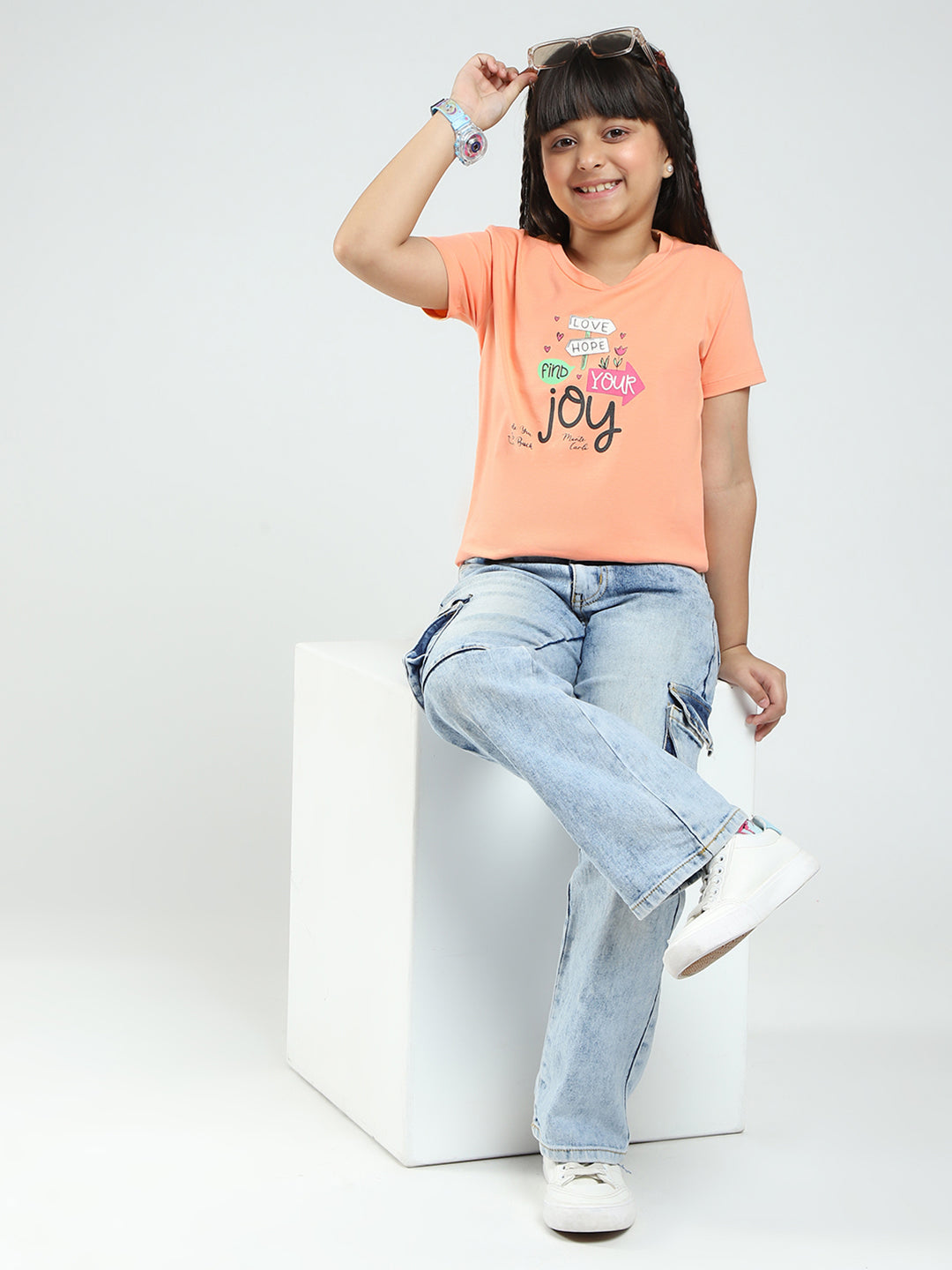Girls Pink & Peach Printed V Neck Half Sleeve Top 2Pc Set