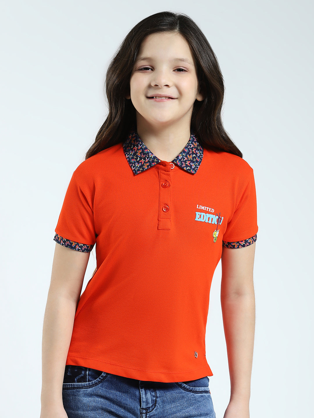 Girls Orange Solid Collar Half Sleeve T-Shirt